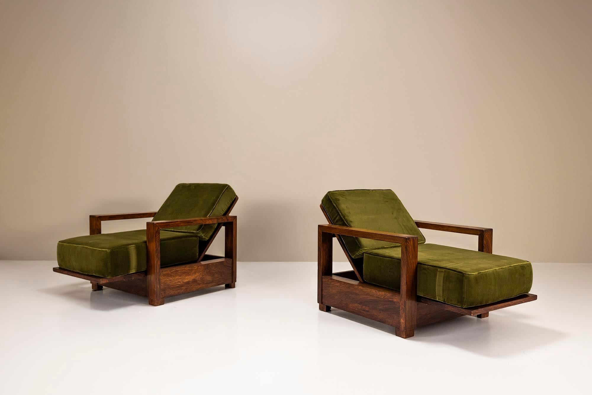 Two Reclining Lounge Chairs in Mahogany and Green Velvet by Bas van Pelt, 1935 In Good Condition In Hellouw, NL
