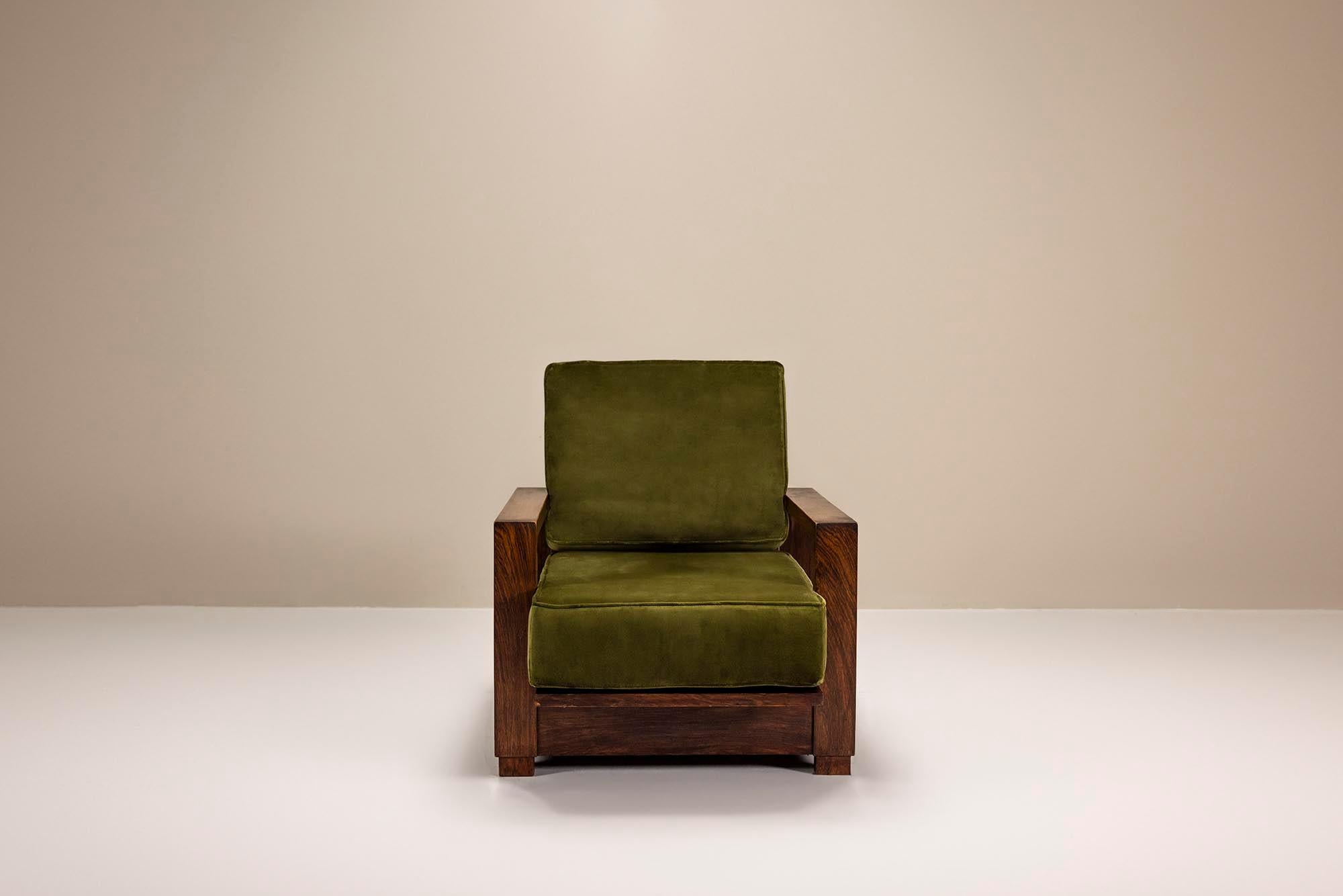 Mid-20th Century Two Reclining Lounge Chairs in Mahogany and Green Velvet by Bas van Pelt, 1935