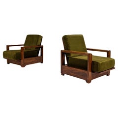 Two Reclining Lounge Chairs in Mahogany and Green Velvet by Bas van Pelt, 1935