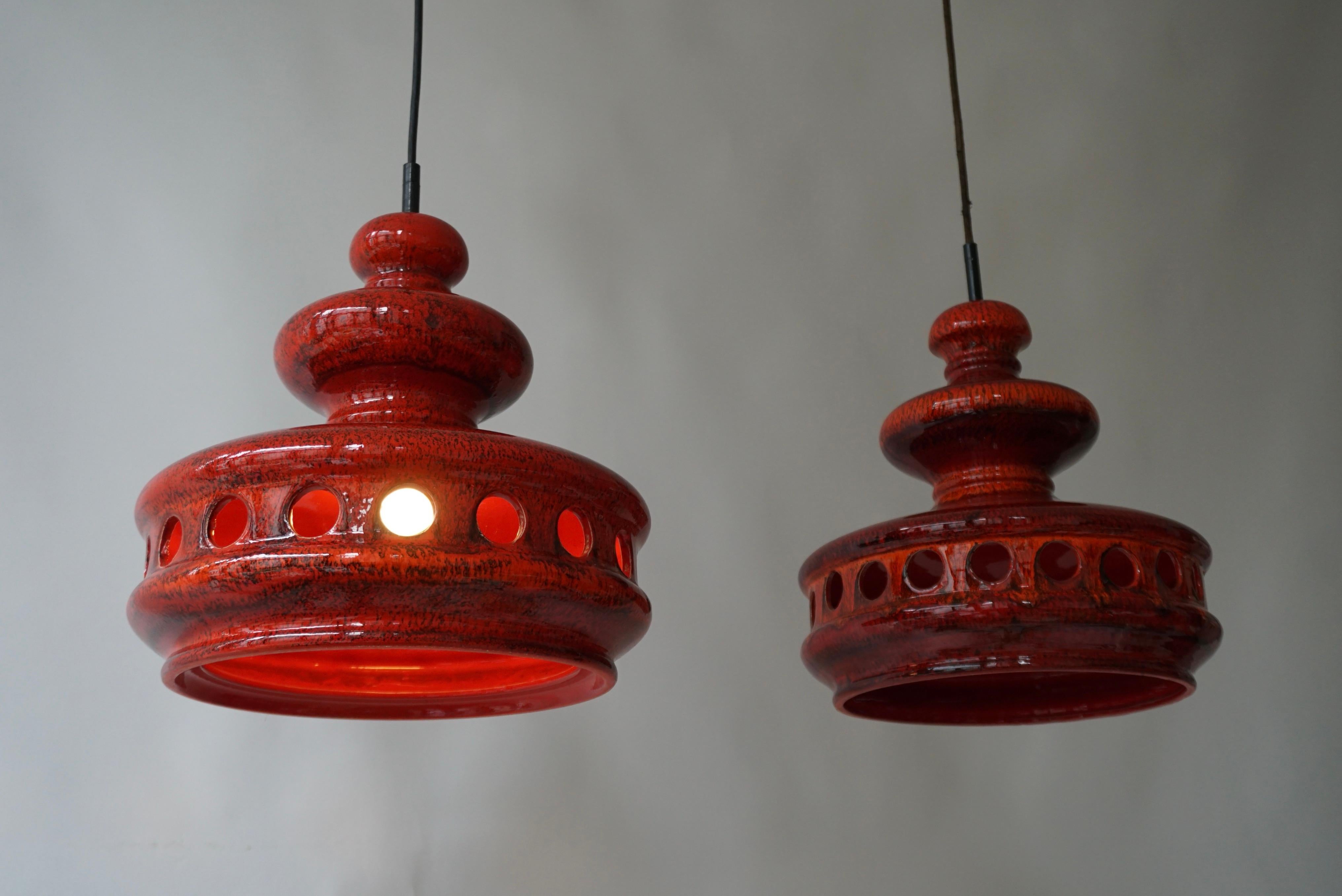  Two Red Fat Lave Ceramic Pendant Light For Sale 5