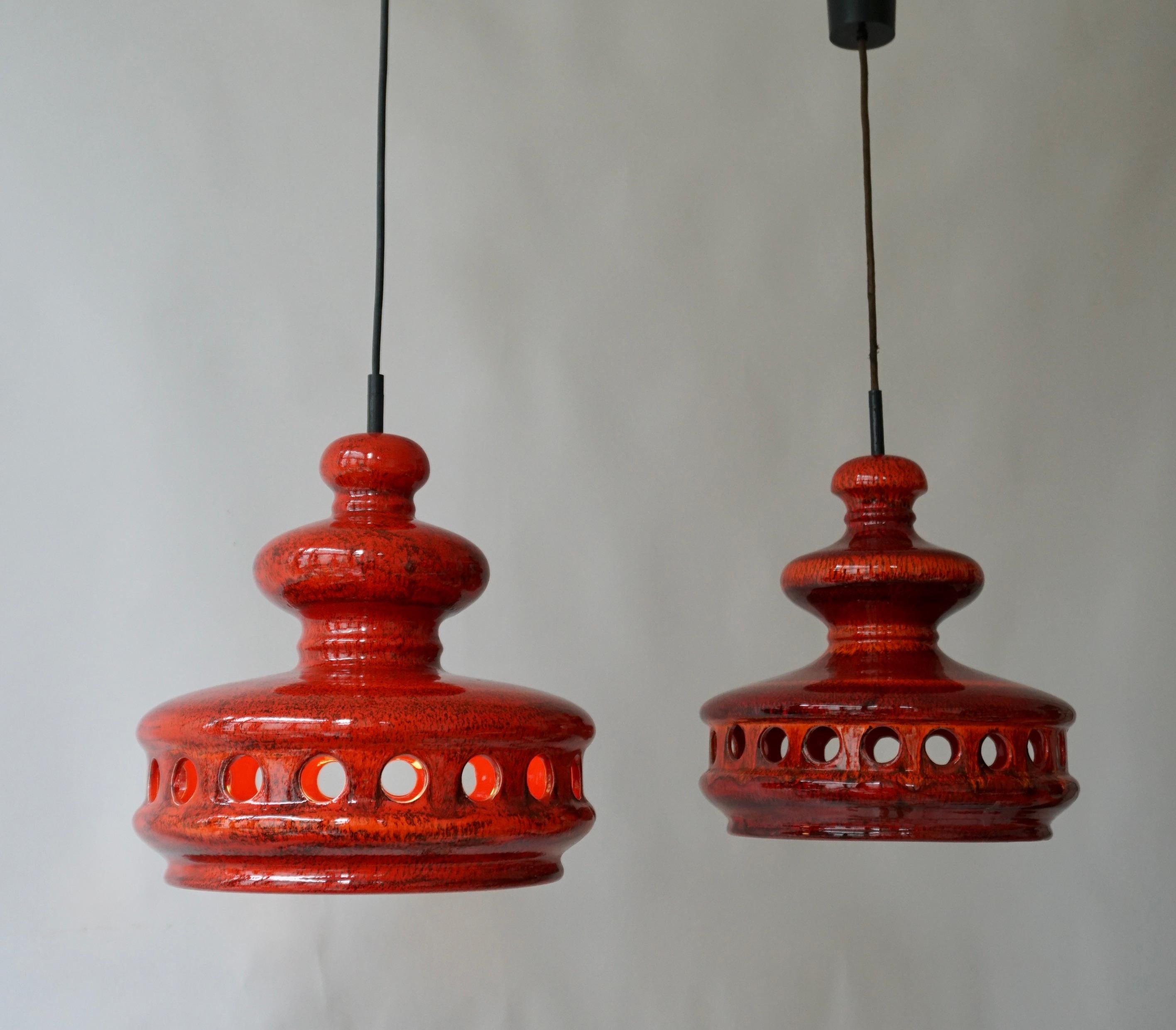  Two Red Fat Lave Ceramic Pendant Light For Sale 7