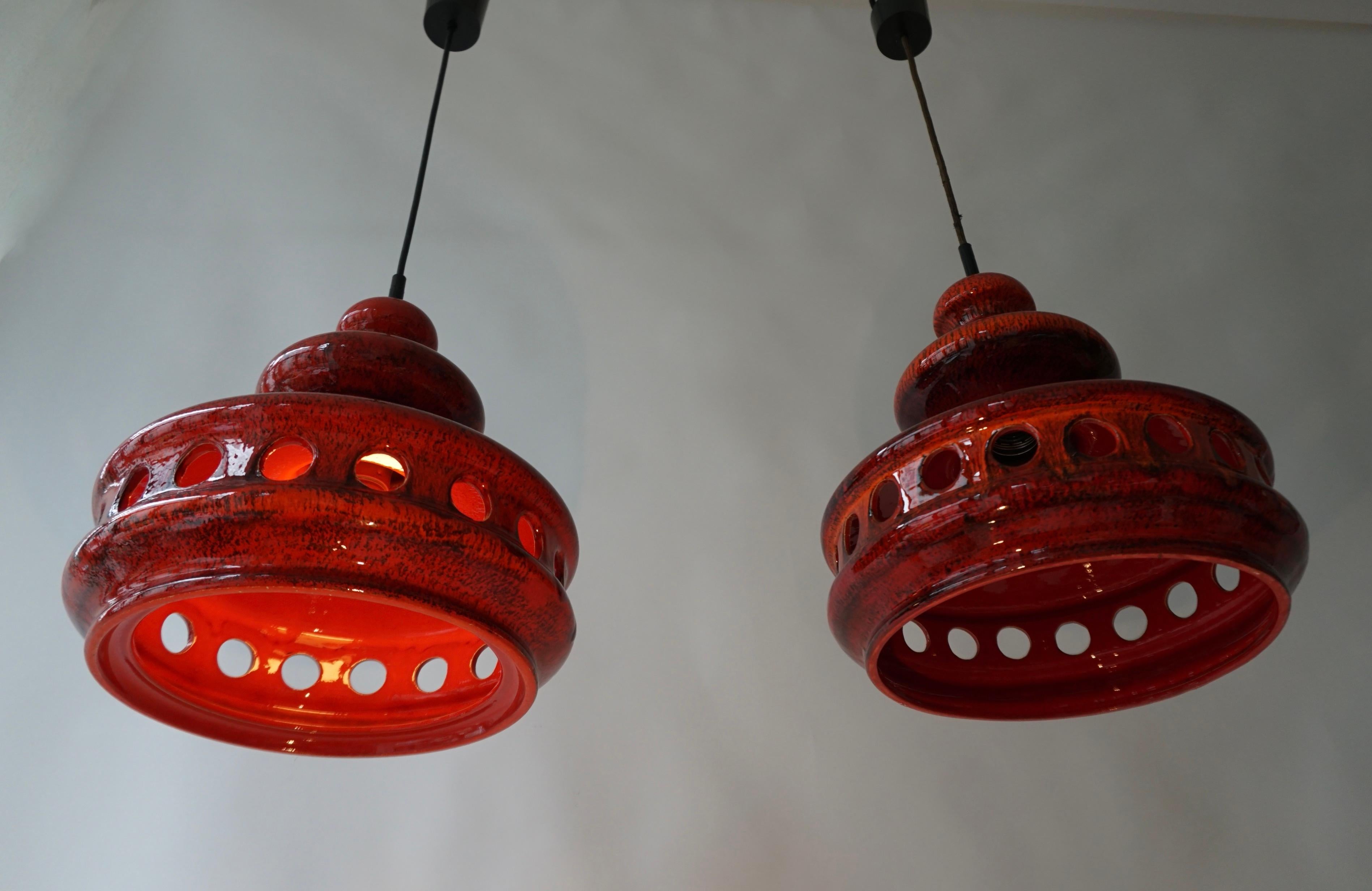  Two Red Fat Lave Ceramic Pendant Light For Sale 8