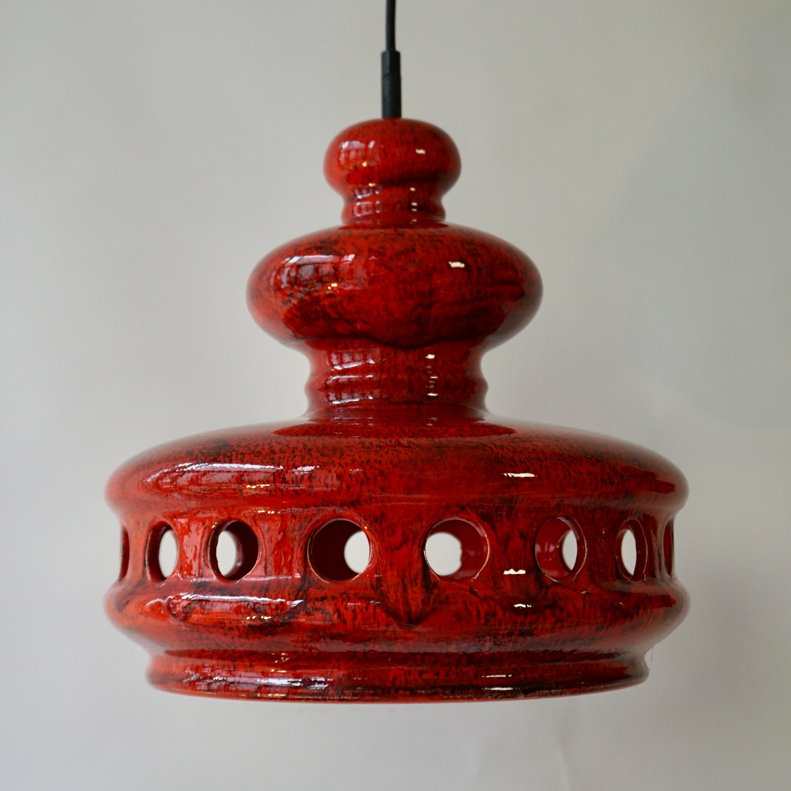 Mid-Century Modern  Two Red Fat Lave Ceramic Pendant Light For Sale