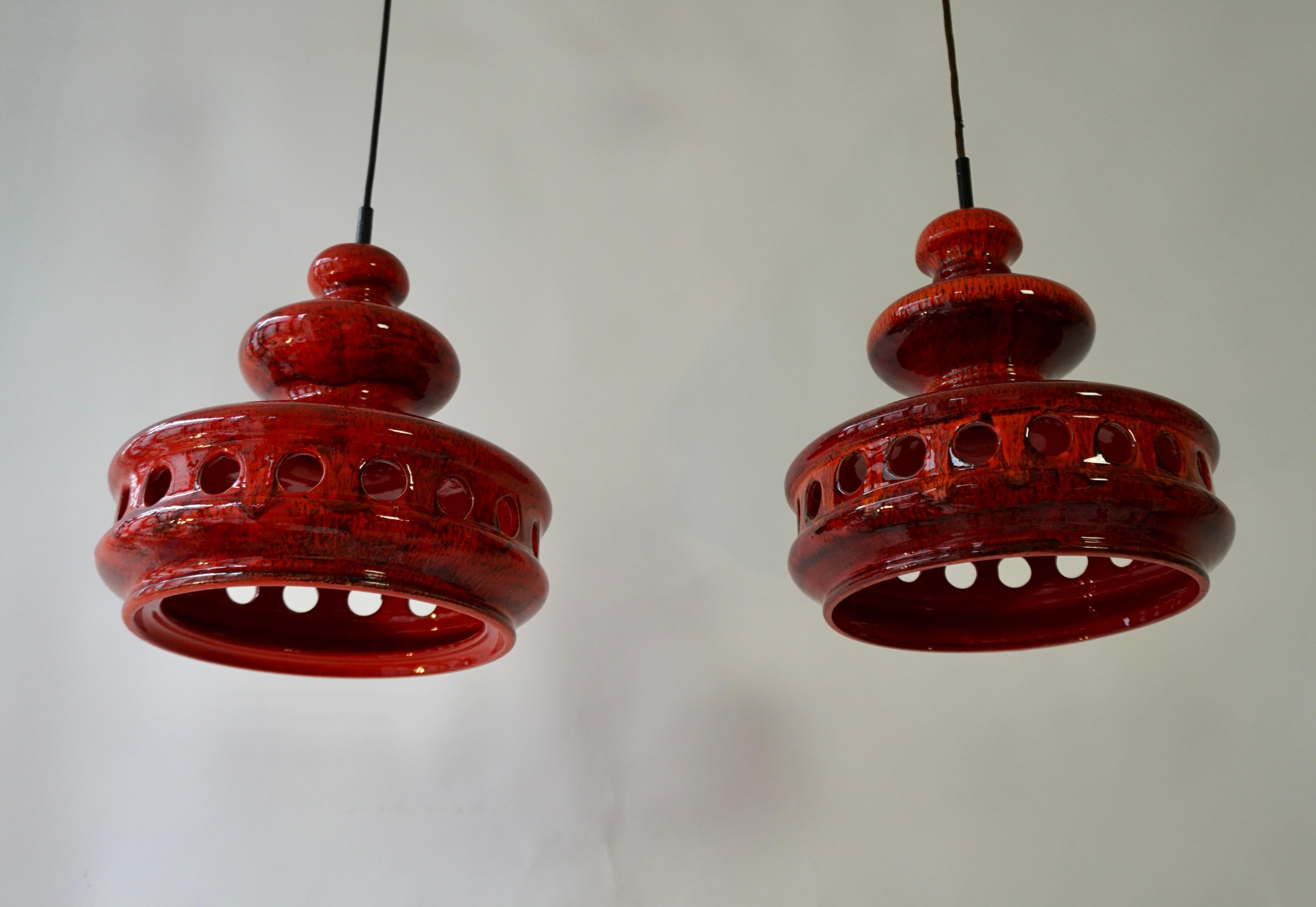 Italian  Two Red Fat Lave Ceramic Pendant Light For Sale
