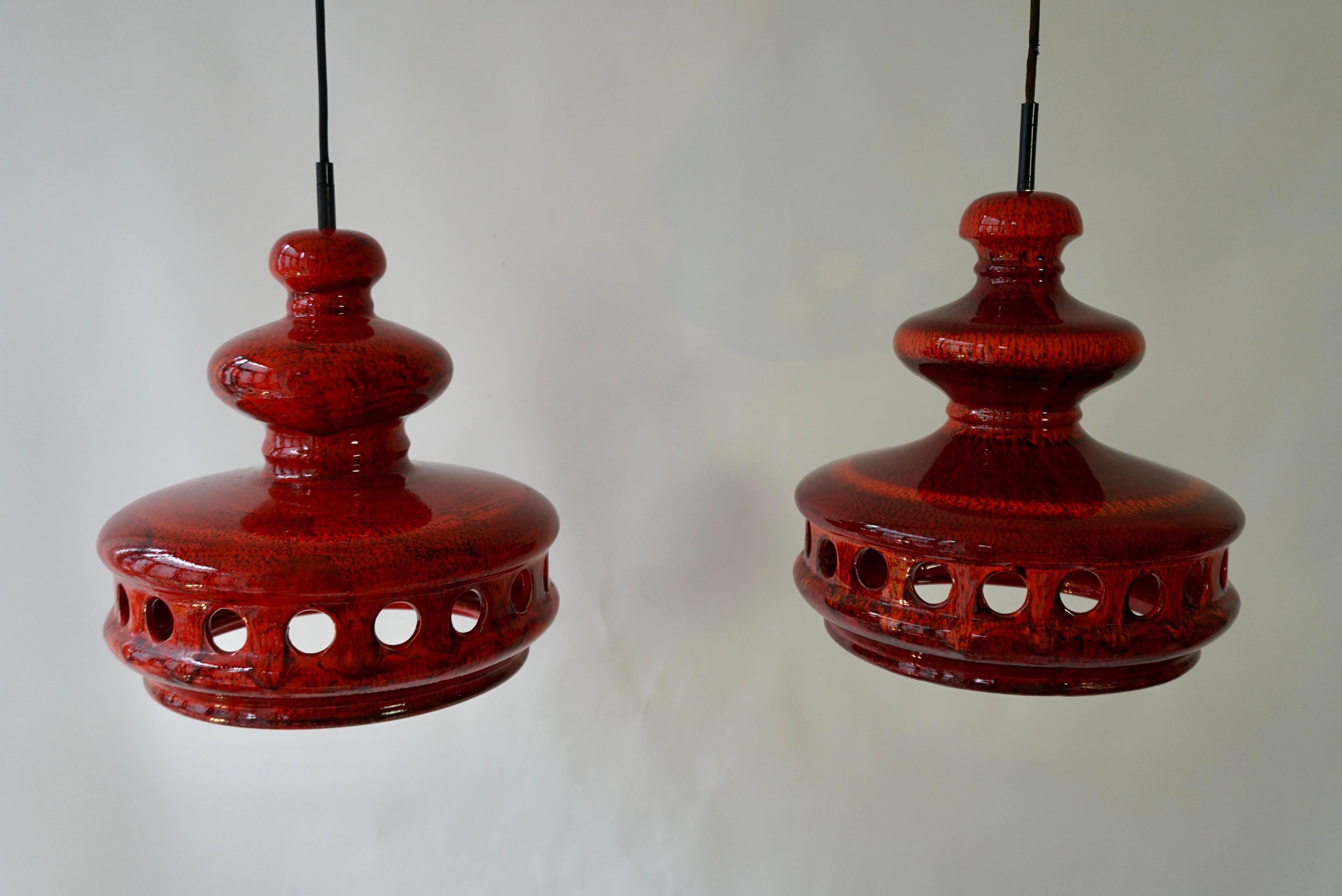 20th Century  Two Red Fat Lave Ceramic Pendant Light For Sale