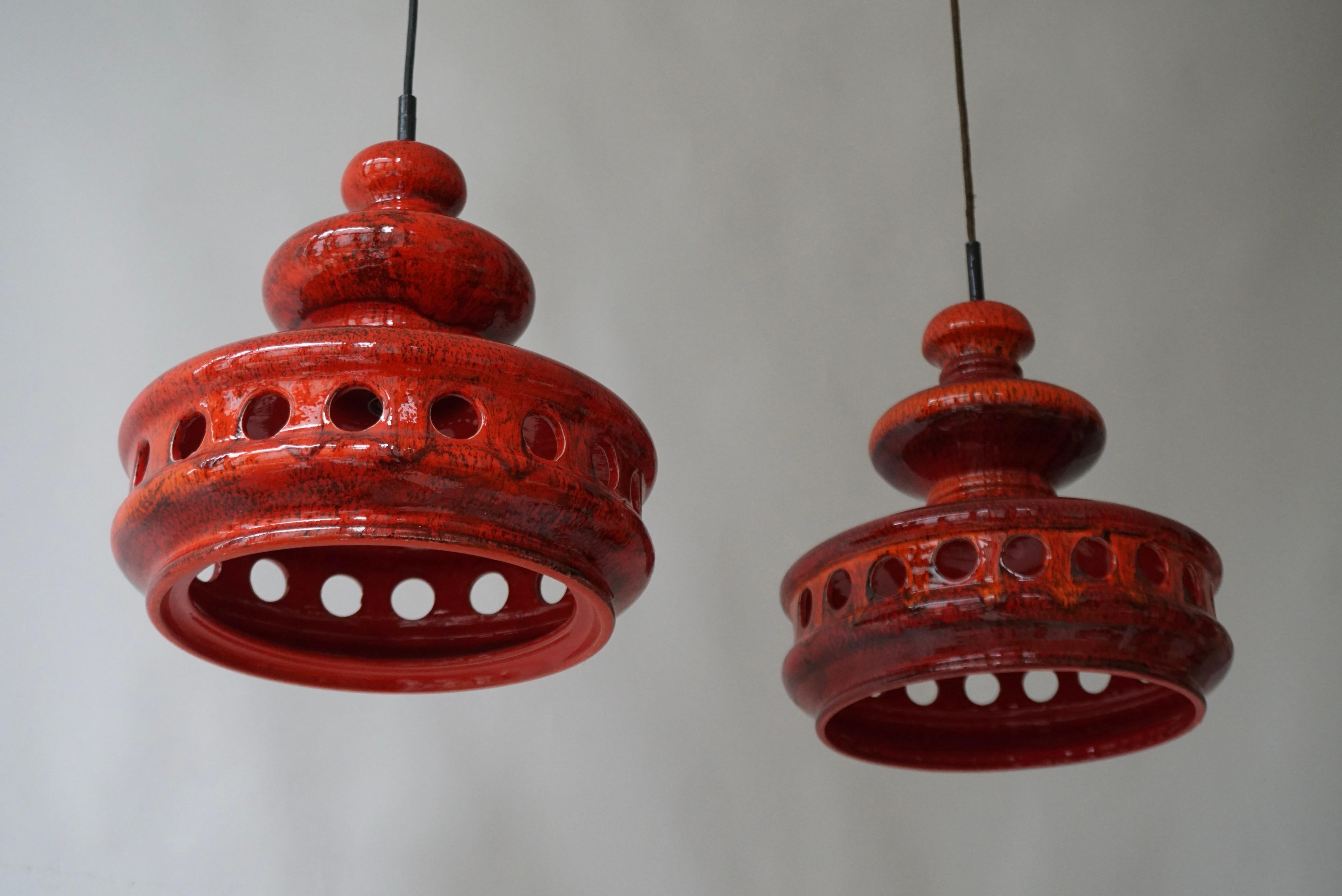  Two Red Fat Lave Ceramic Pendant Light For Sale 2