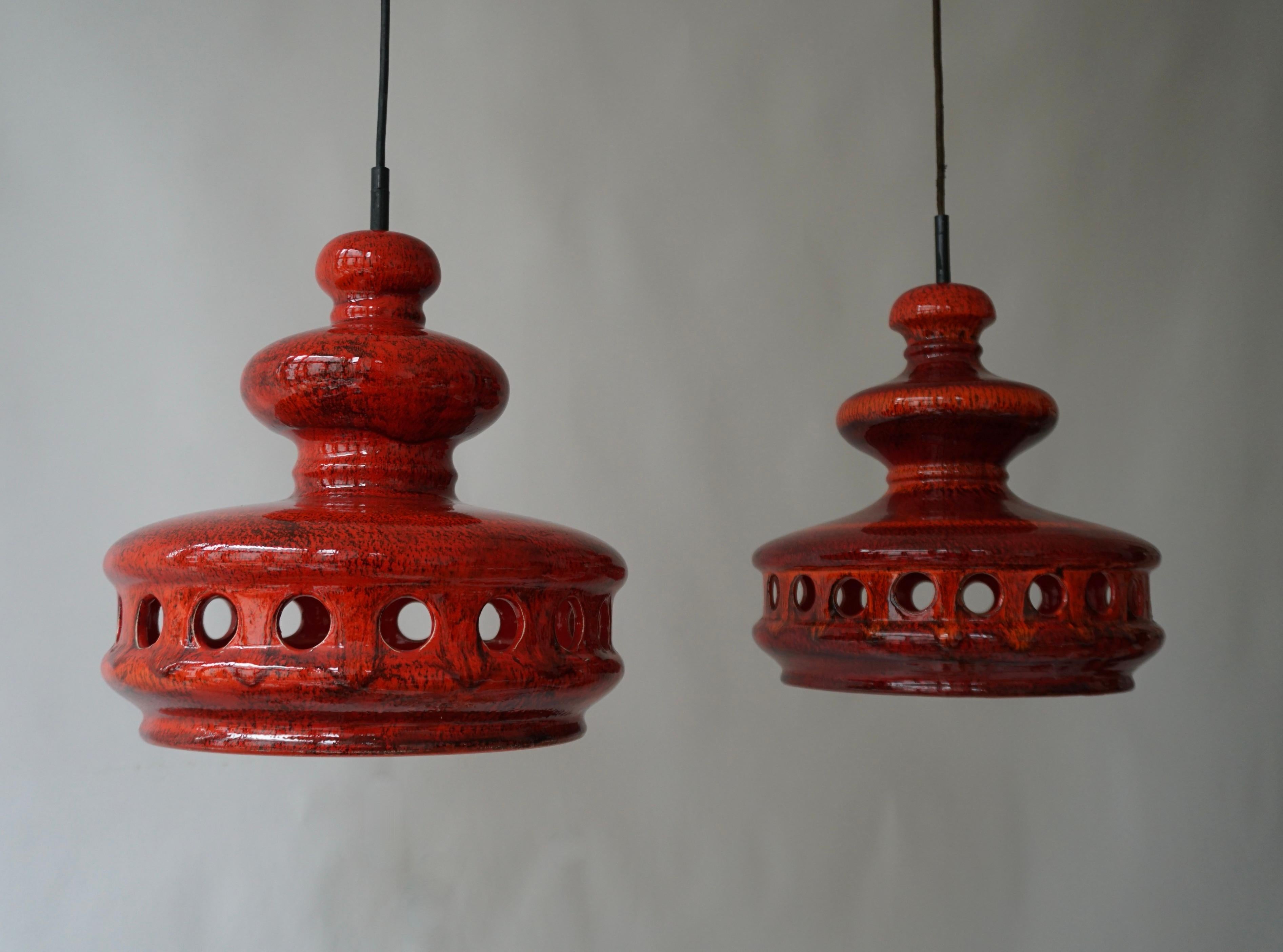  Two Red Fat Lave Ceramic Pendant Light For Sale 3