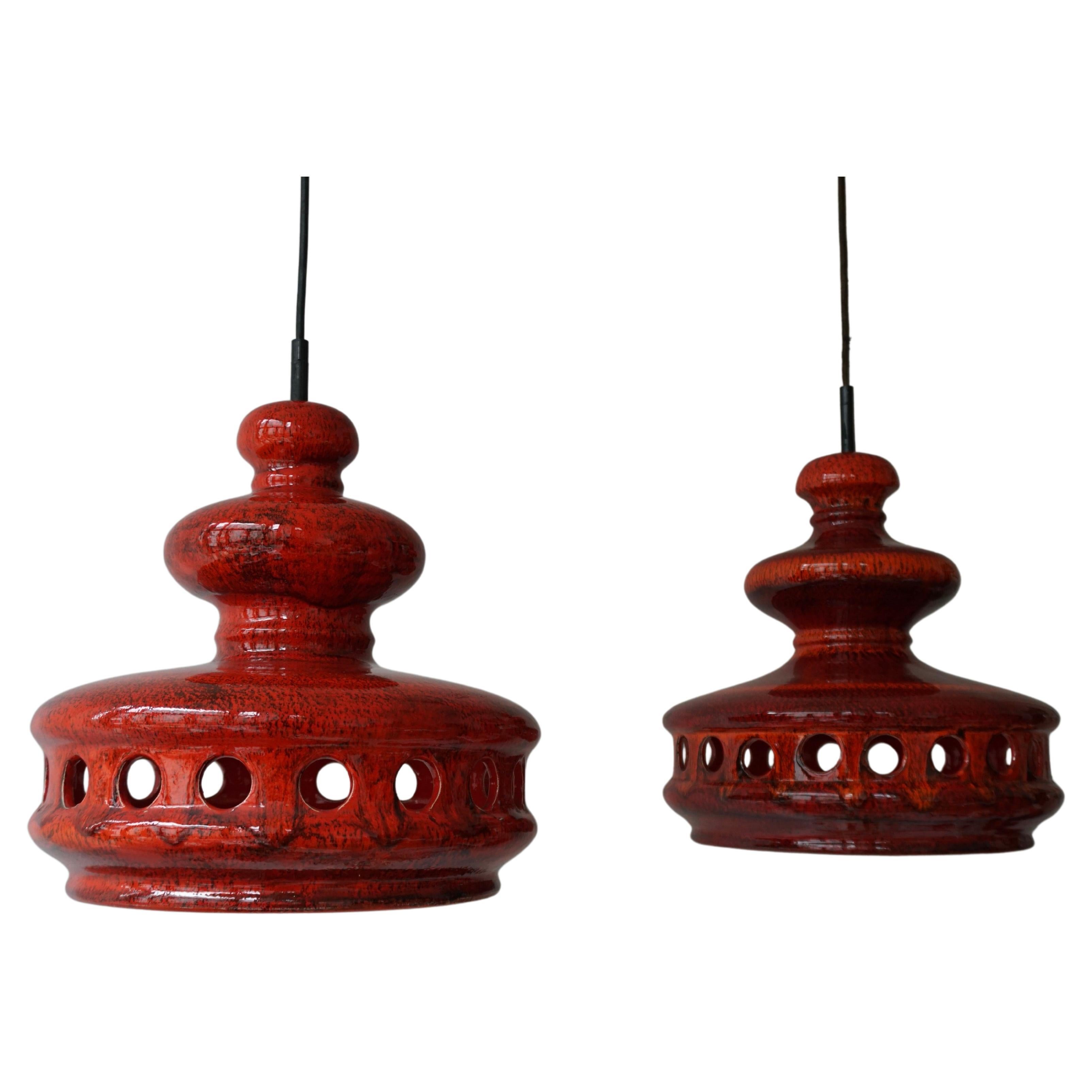 Two Red Fat Lave Ceramic Pendant Light For Sale