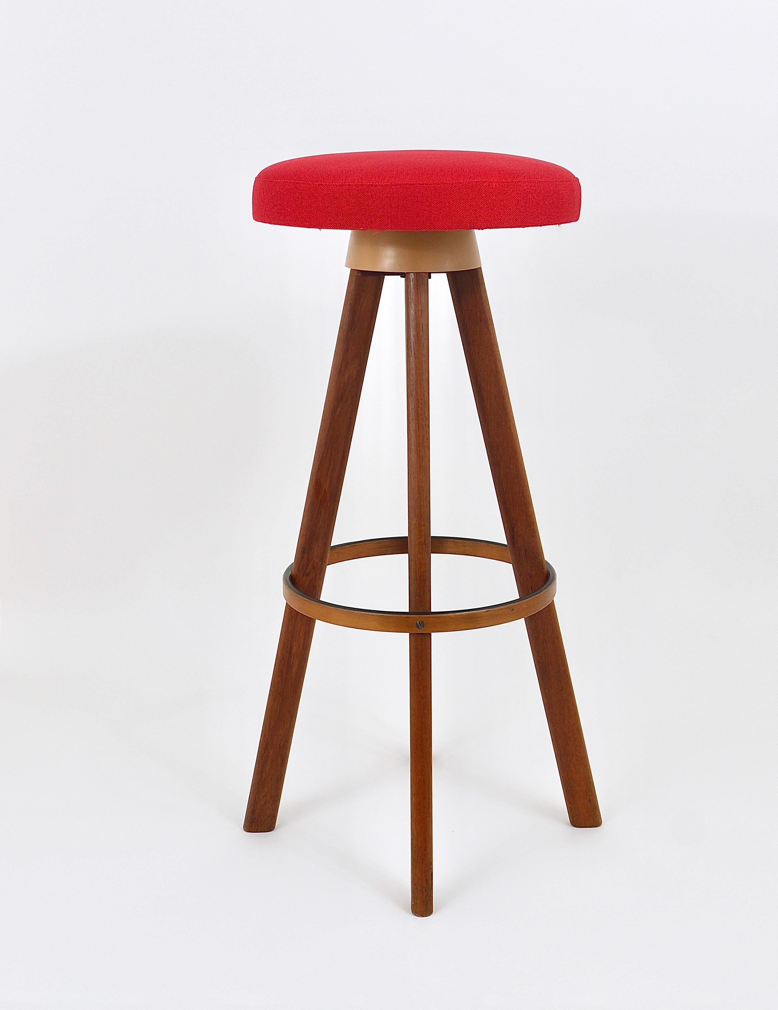 Two Red Hans Olsen Danish Modern Teak Bar Stools, Frem Rojle, Denmark, 1960s 6