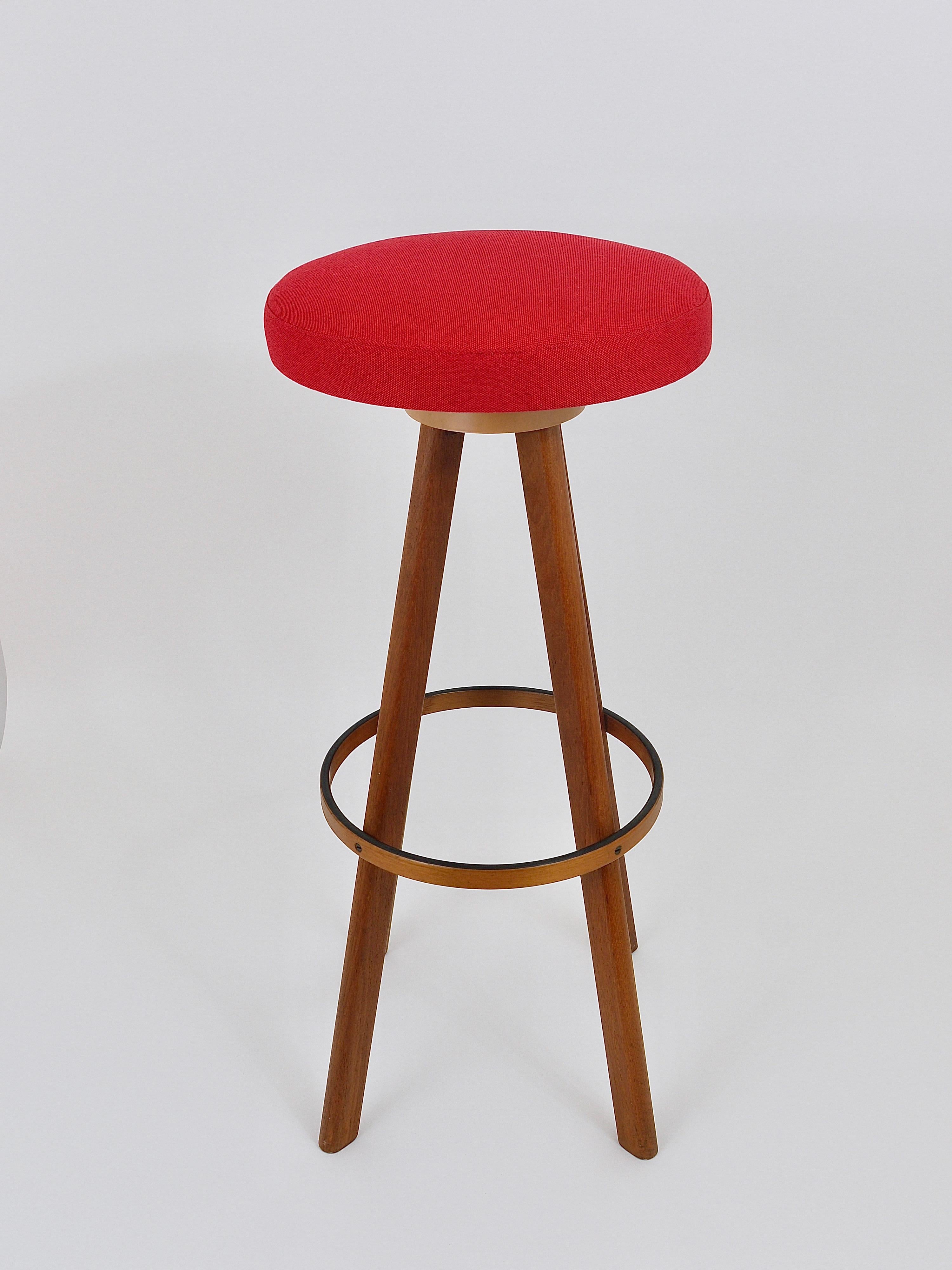 Two Red Hans Olsen Danish Modern Teak Bar Stools, Frem Rojle, Denmark, 1960s 3