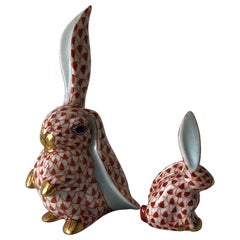 Vintage Two Red Herend Porcelain Rabbits One Ear Up