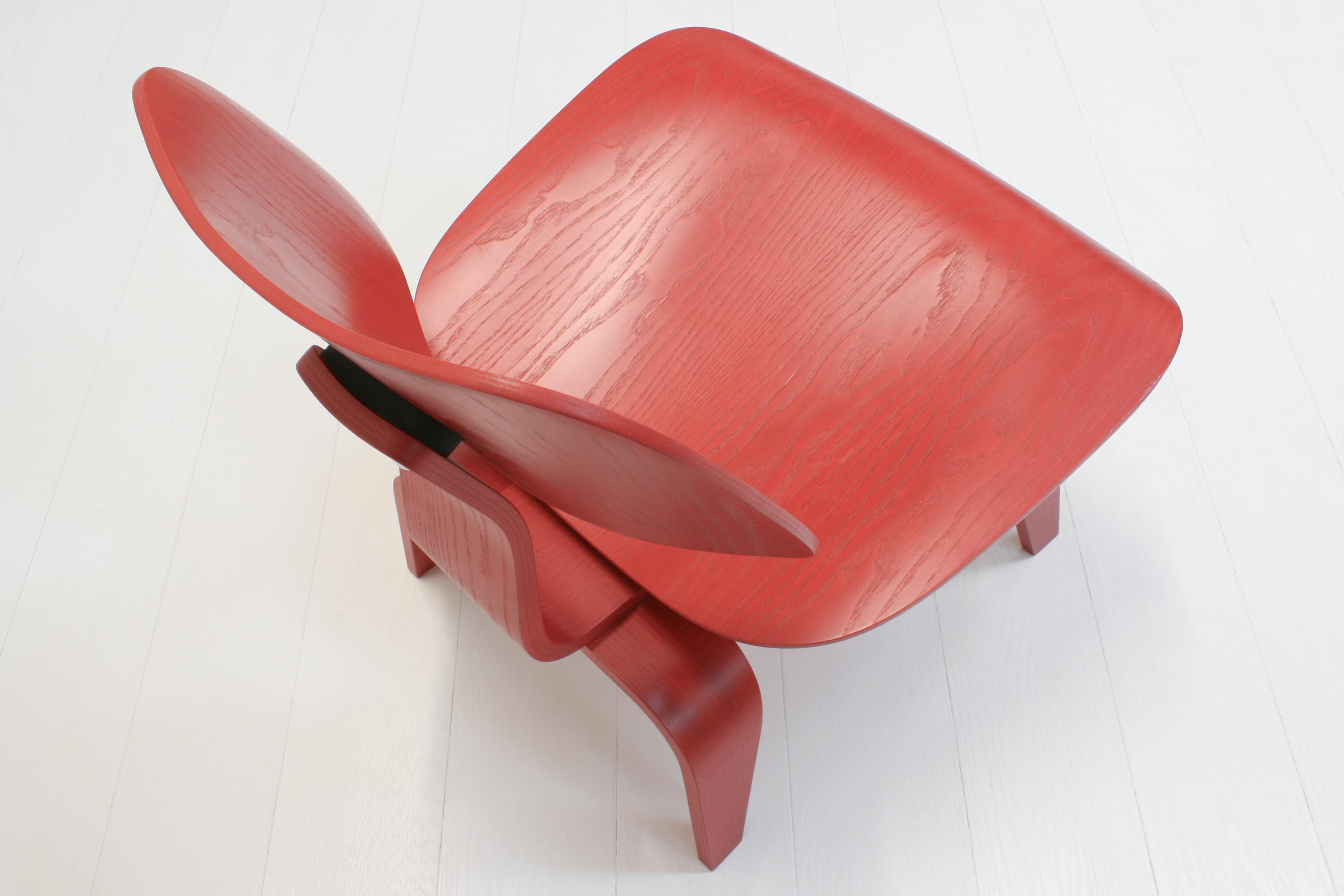 Two Red Stained Ash Plywood Group LCW Chairs by Charles & Ray Eames for Vitra 2