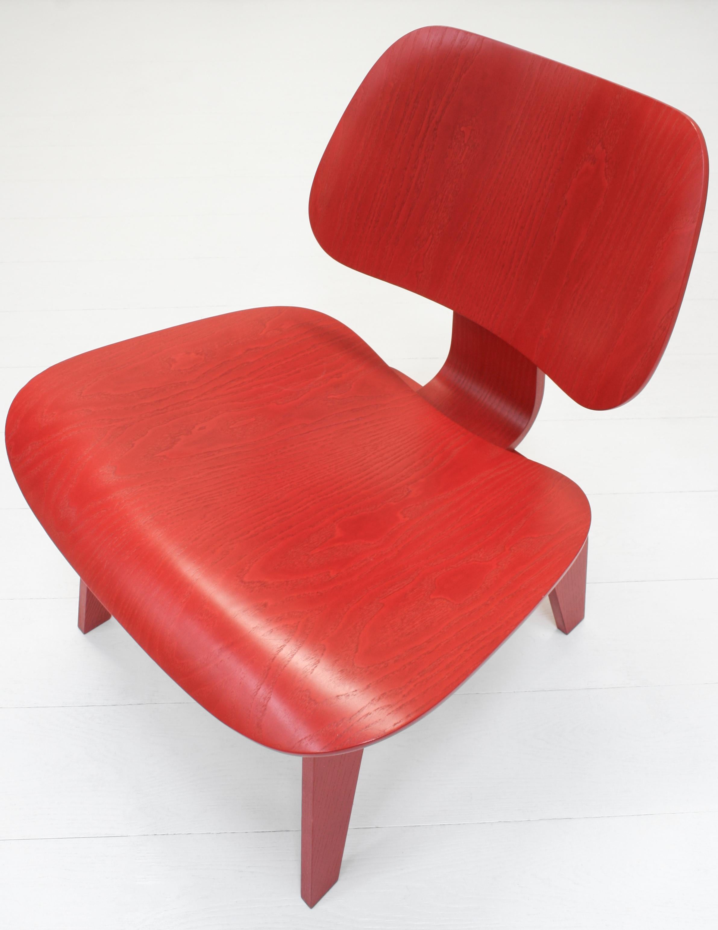 Two Red Stained Ash Plywood Group LCW Chairs by Charles & Ray Eames for Vitra 3