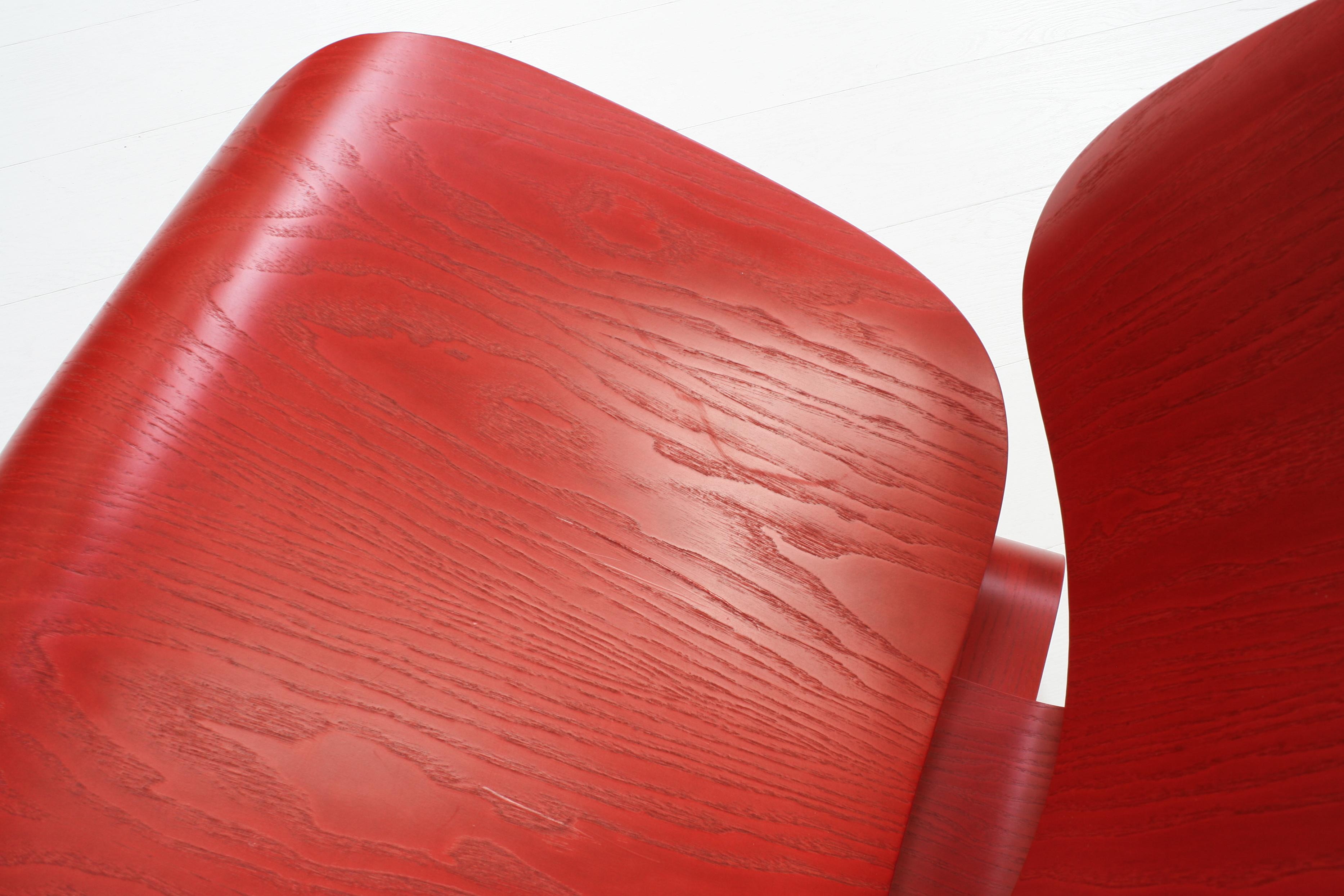 Two Red Stained Ash Plywood Group LCW Chairs by Charles & Ray Eames for Vitra 8