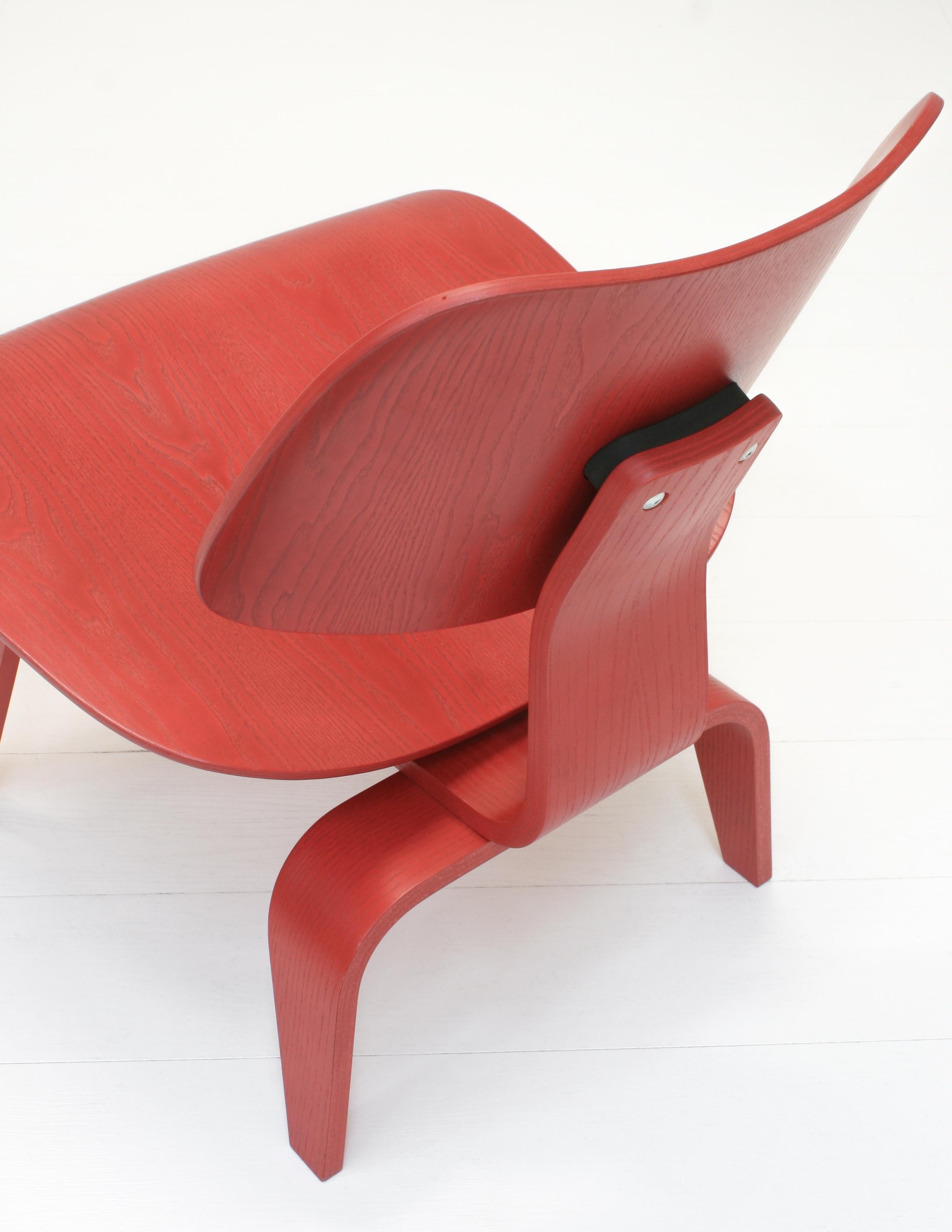 Two Red Stained Ash Plywood Group LCW Chairs by Charles & Ray Eames for Vitra 1