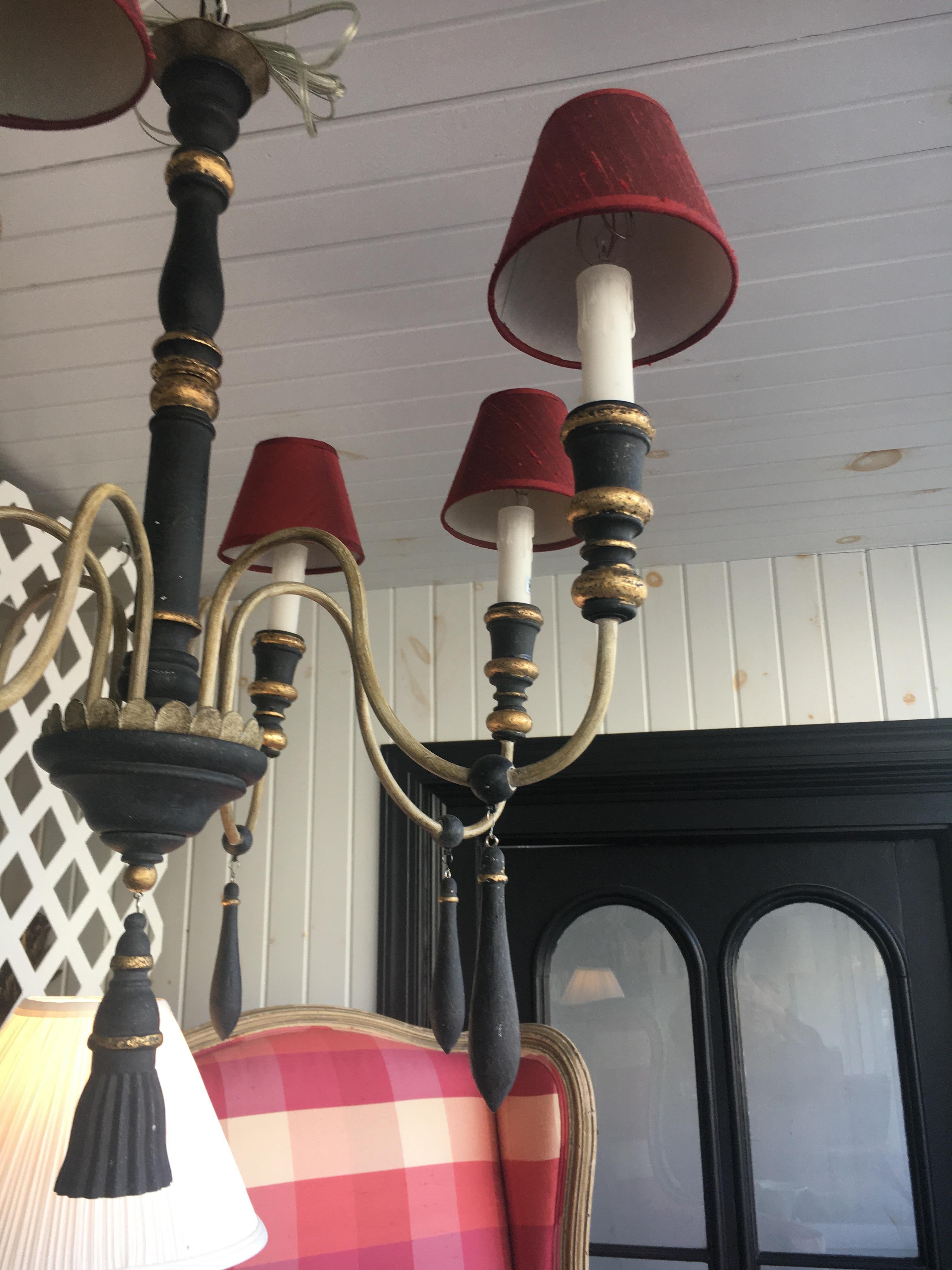 Two Regency Style Six-Arm Chandeliers with Ebonized Finish Gilt Details In Excellent Condition For Sale In Buchanan, MI