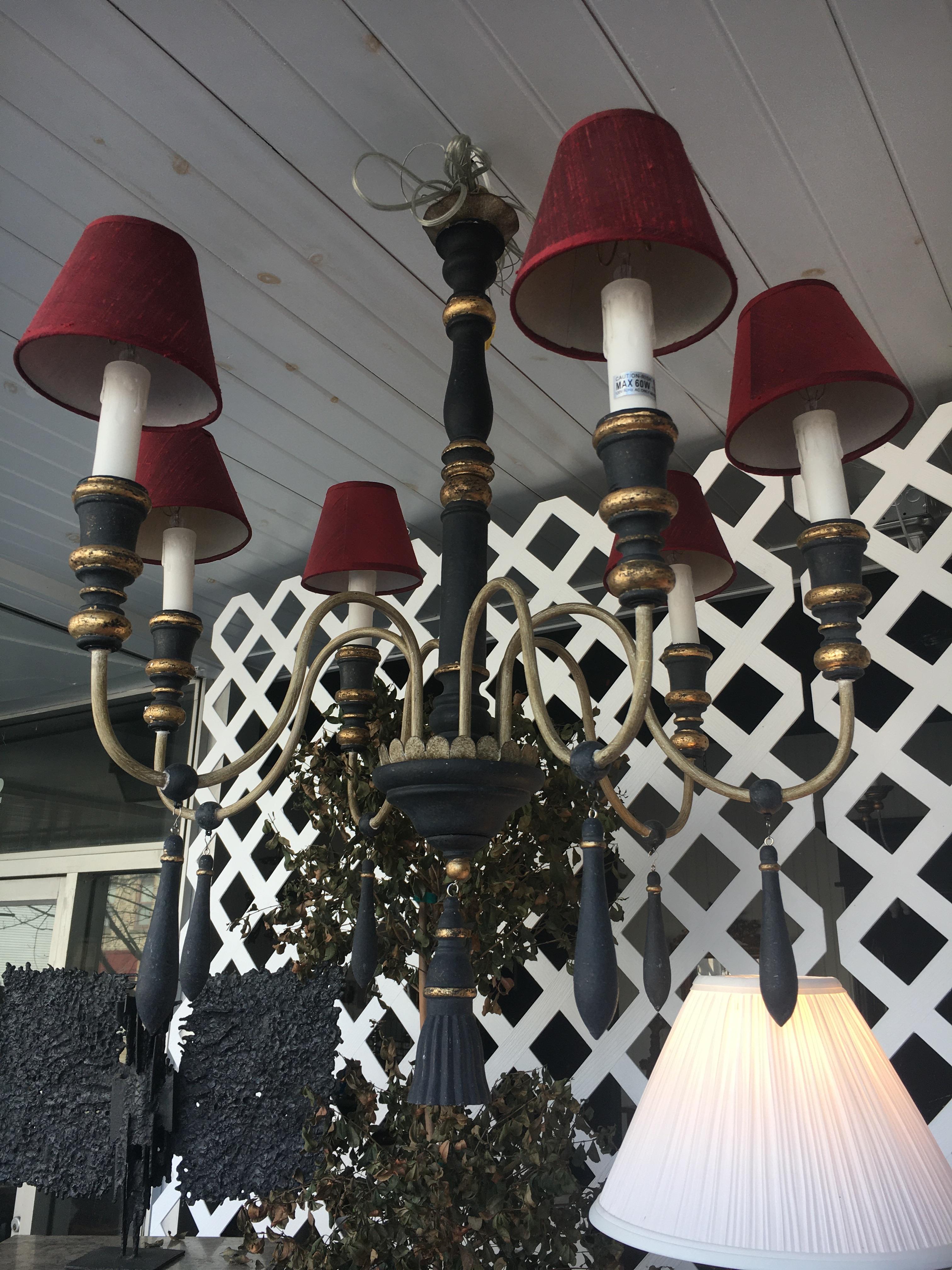 20th Century Two Regency Style Six-Arm Chandeliers with Ebonized Finish Gilt Details For Sale