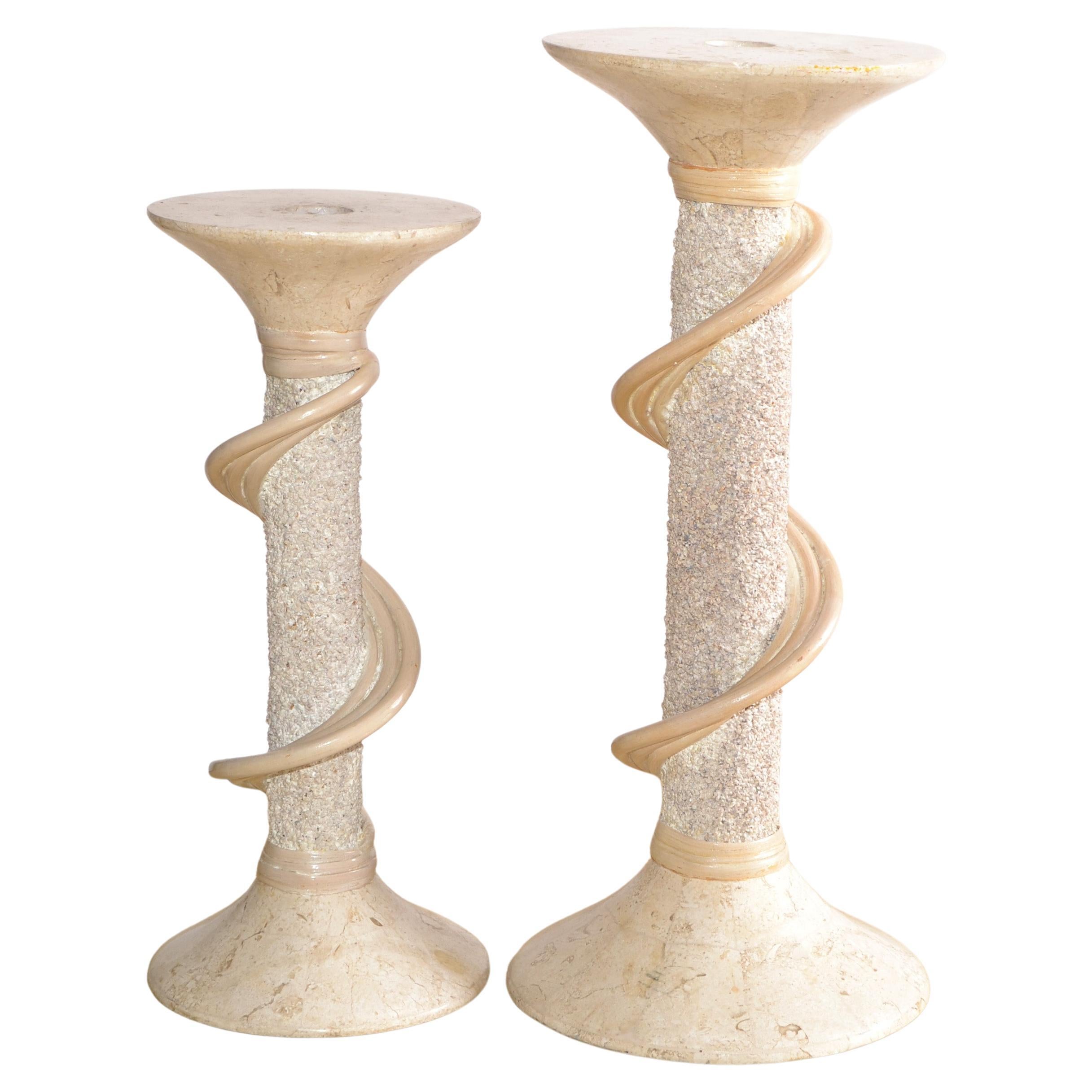 Set of 2 Renoir Designs handcrafted Marble Soapstone Candle Holder Sticks Hollywood Regency Period made in the Philippines.
Height measures: 
12.38 inches tall and 10 inches tall with 4.5 base diameter.
Candle hole diameter 0.75 inches.
Original