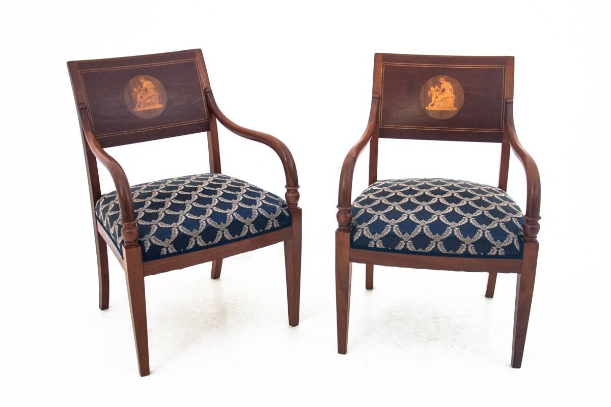 Antique armchairs from the beginning of the 20th century. Furniture in perfect condition, after professional renovation and replacement of the fabric with a new one.

Dimensions: height 87 cm, height seat. 45 cm, width 60 cm, depth 60 cm.