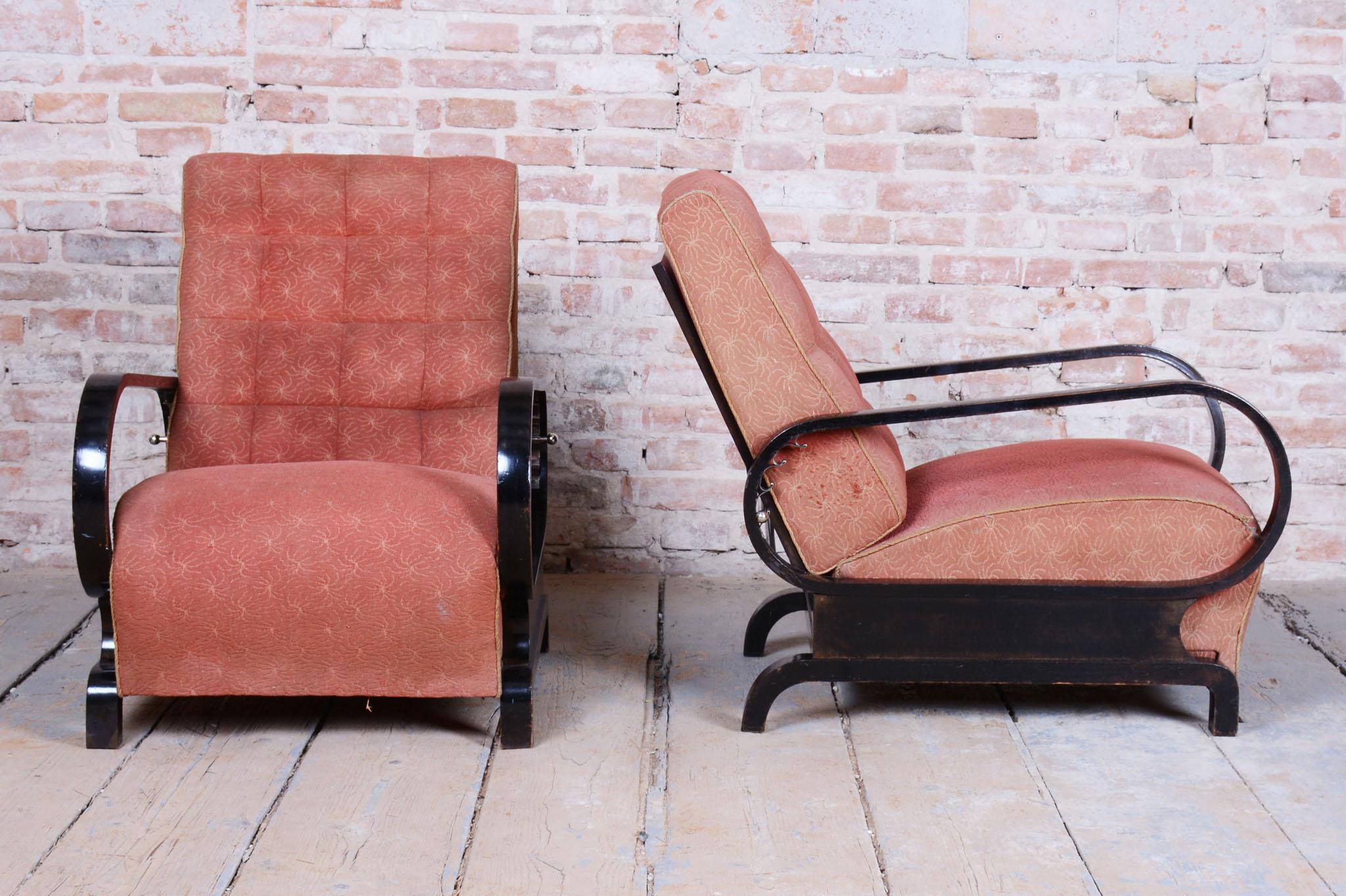 Dos sillones reclinables Art Decó restaurados, de Halabala, UP Závody, República Checa. 1920s en venta 1
