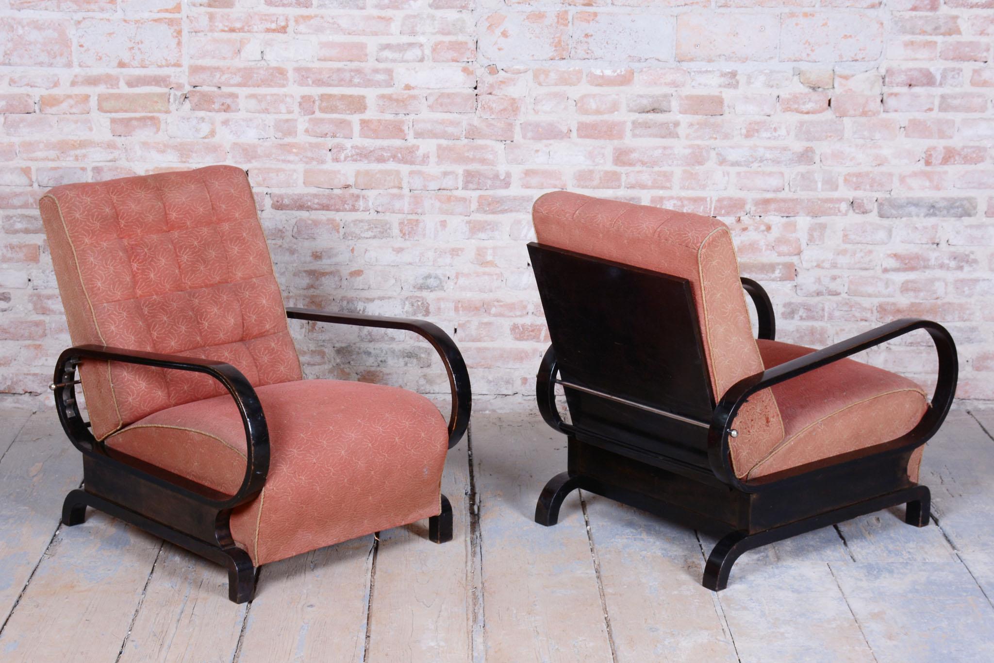 Dos sillones reclinables Art Decó restaurados, de Halabala, UP Závody, República Checa. 1920s en venta 2