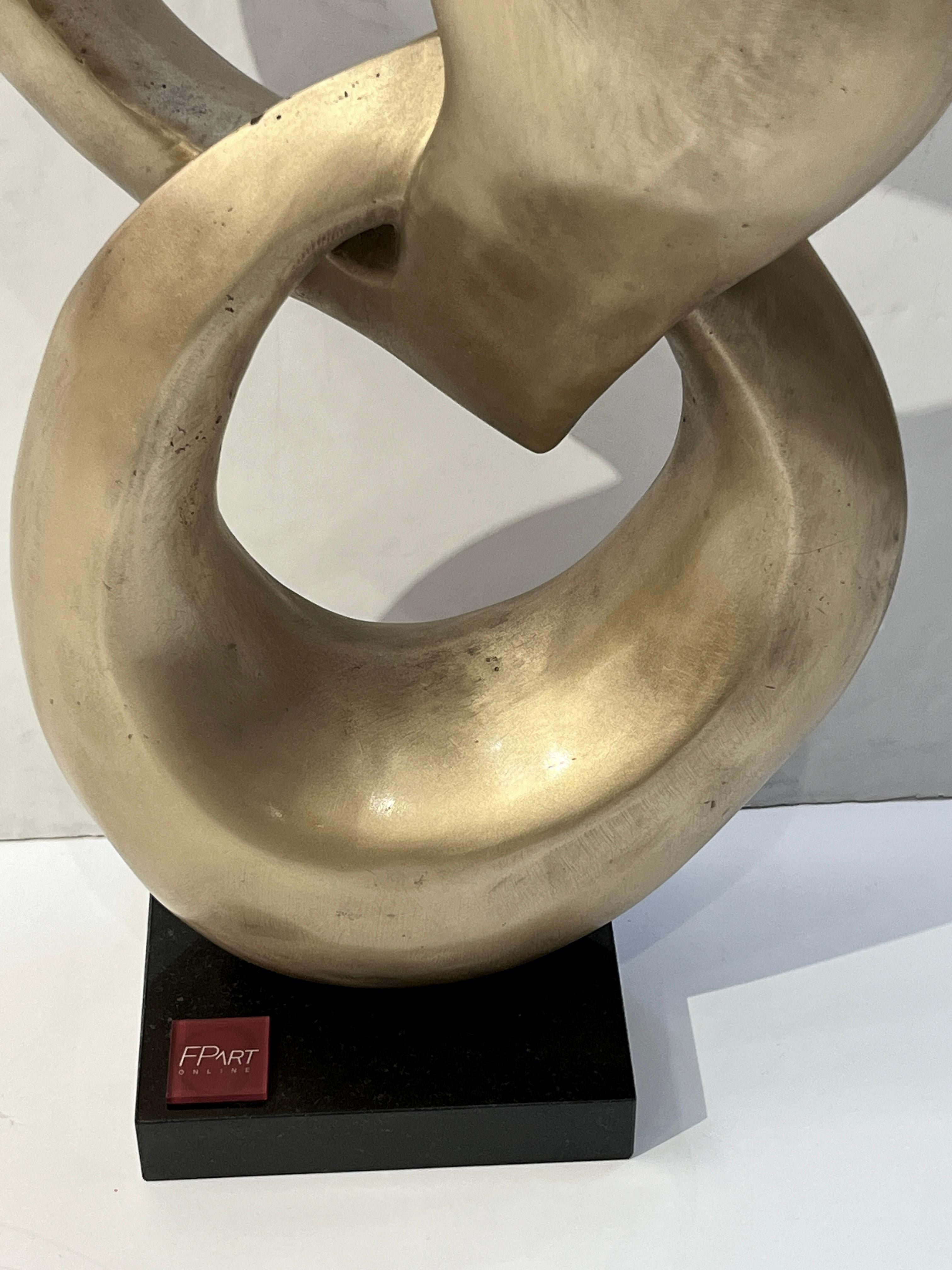 Hand-Carved Two Rings- Contemporary Italian Gold Patinated Bronze Abstract Modern Sculpture  For Sale