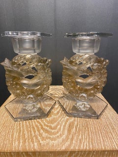 Two  R.lalique Mésanges Glass Candle Sticks