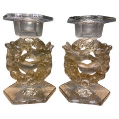 Two  R.lalique Mésanges Glass Candle Sticks