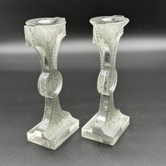 Two R.Lalique Rameaux Glass Candlesticks