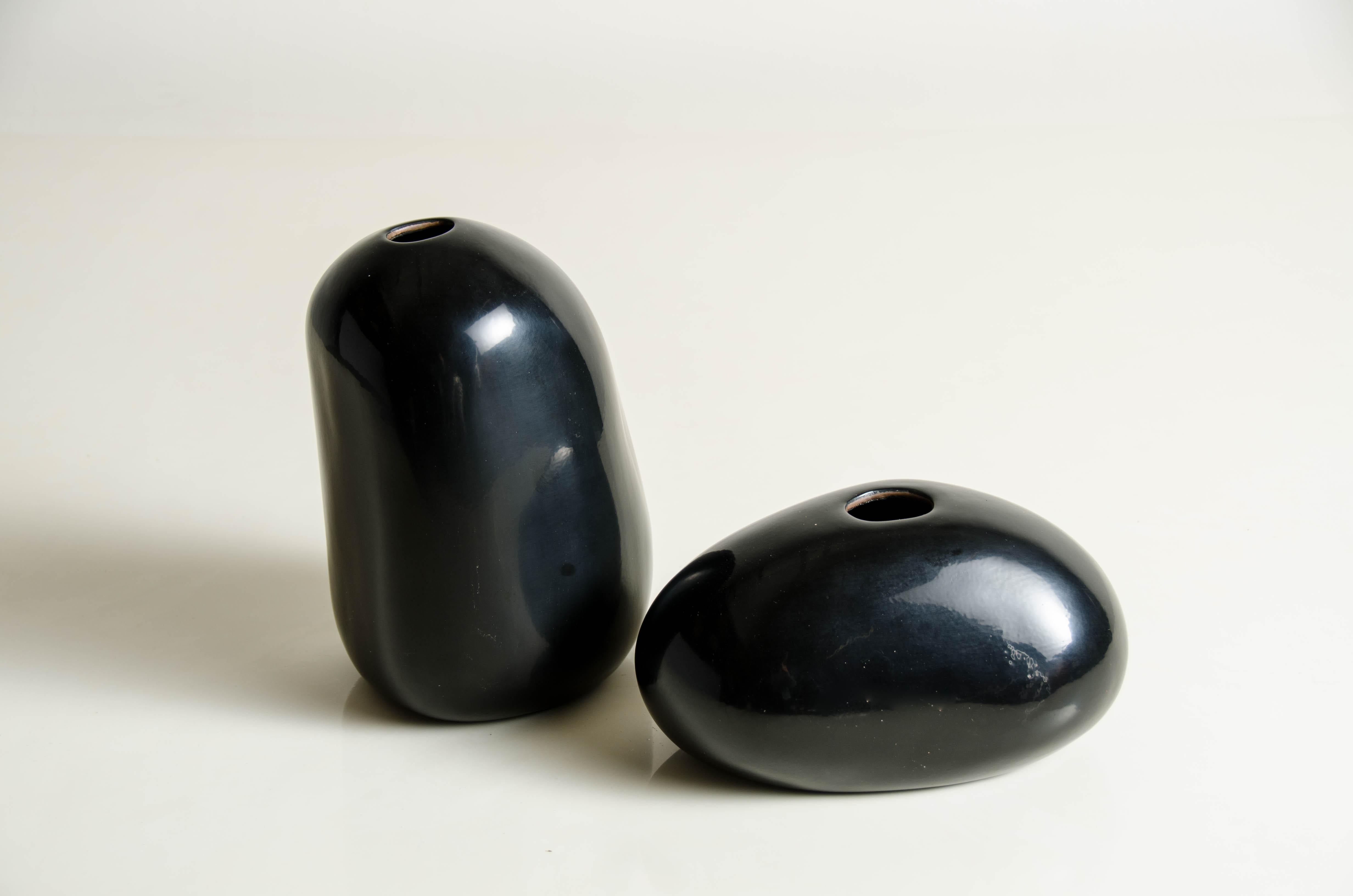 Repoussé Two Rock Bud Vases, Tall and Short, Black Lacquer by Robert Kuo