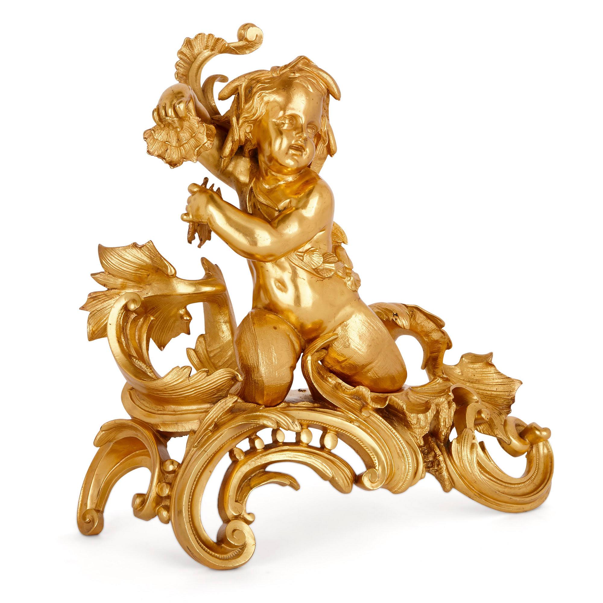 With their graceful interlaced curves and counter-curves, their asymmetry and use of sea-themed motifs, these chenets (andirons or fire-dogs) are clearly Rococo in their style. The Rococo style first became fashionable in the early 18th Century in