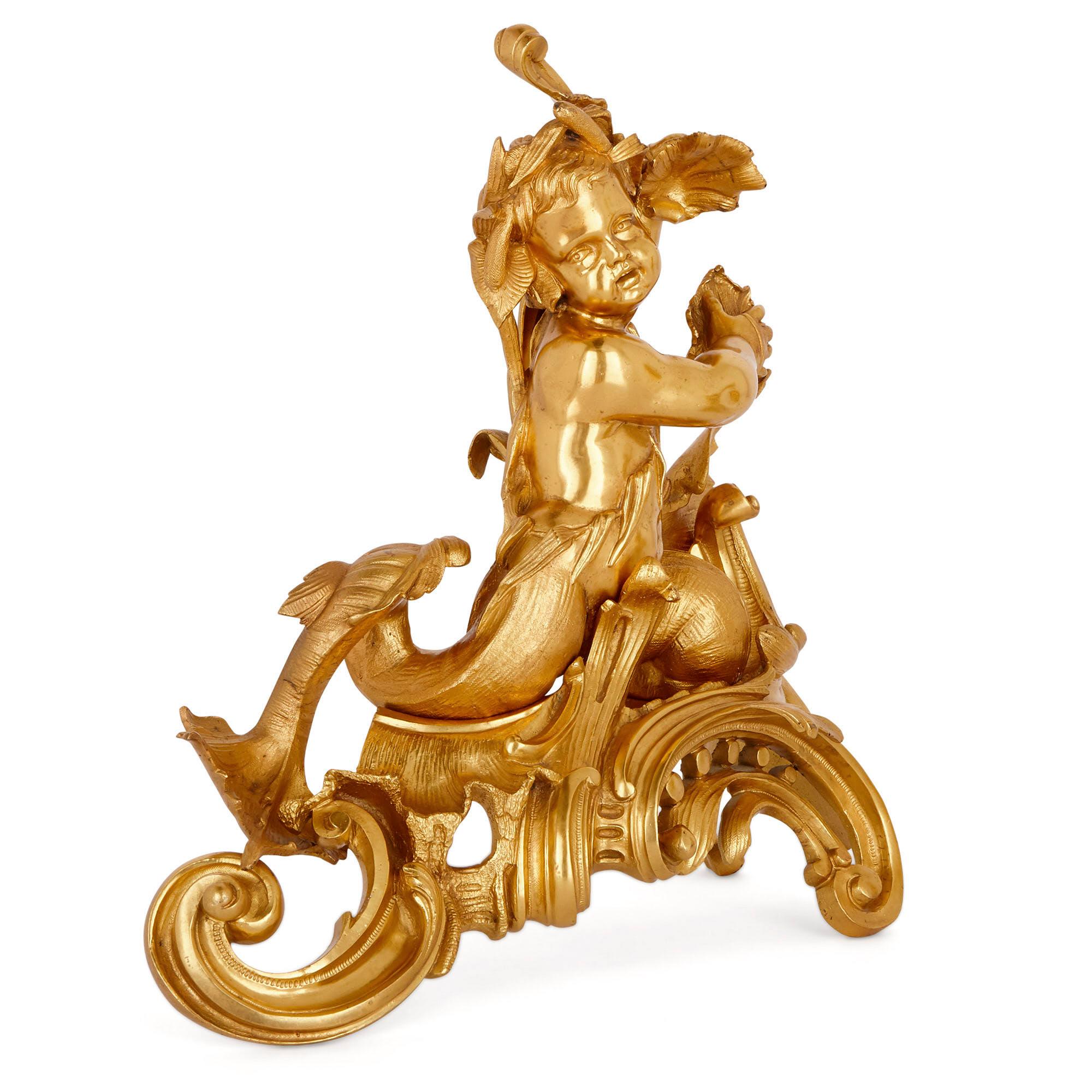 French Two Rococo Style Gilt Bronze Chenets