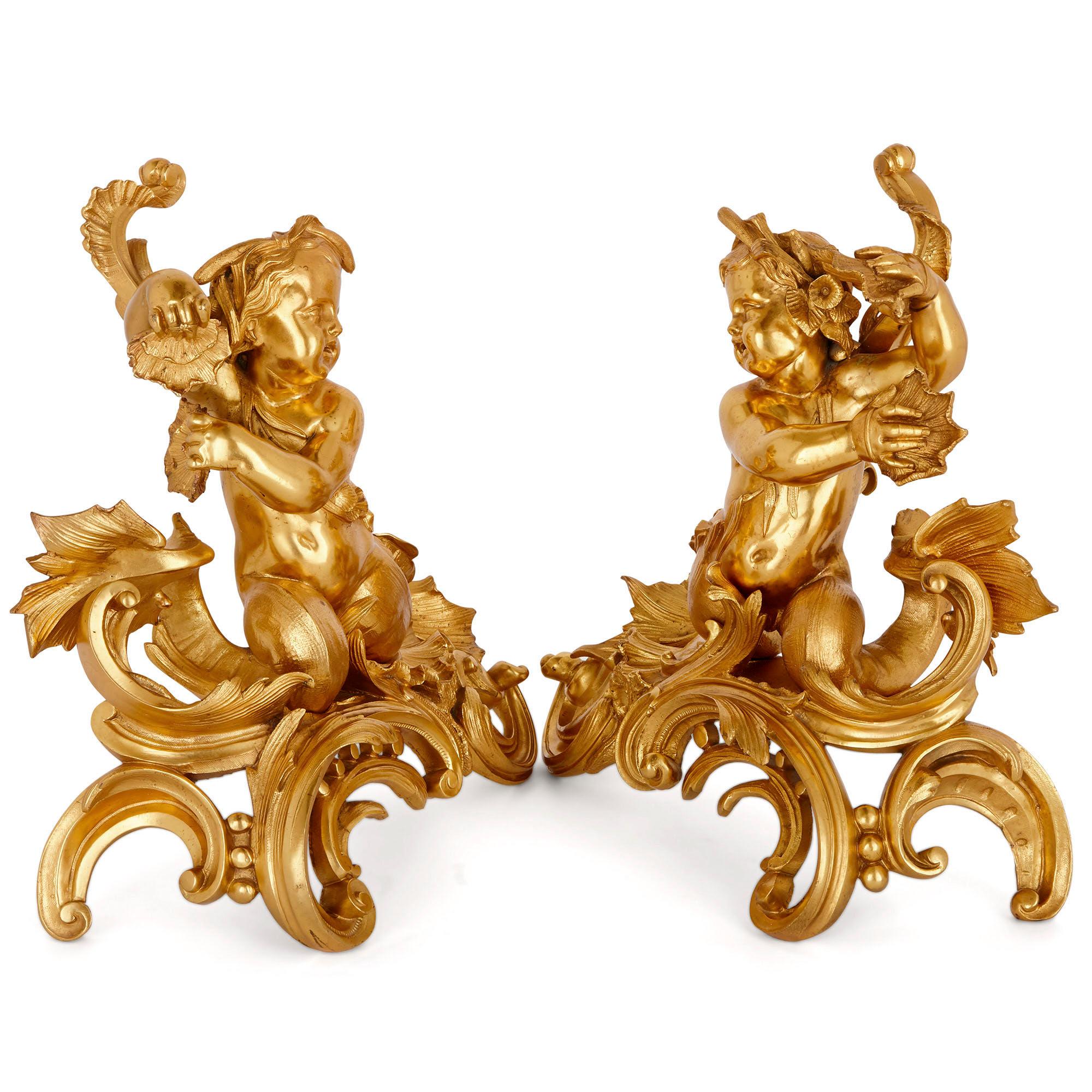 Two Rococo Style Gilt Bronze Chenets 1