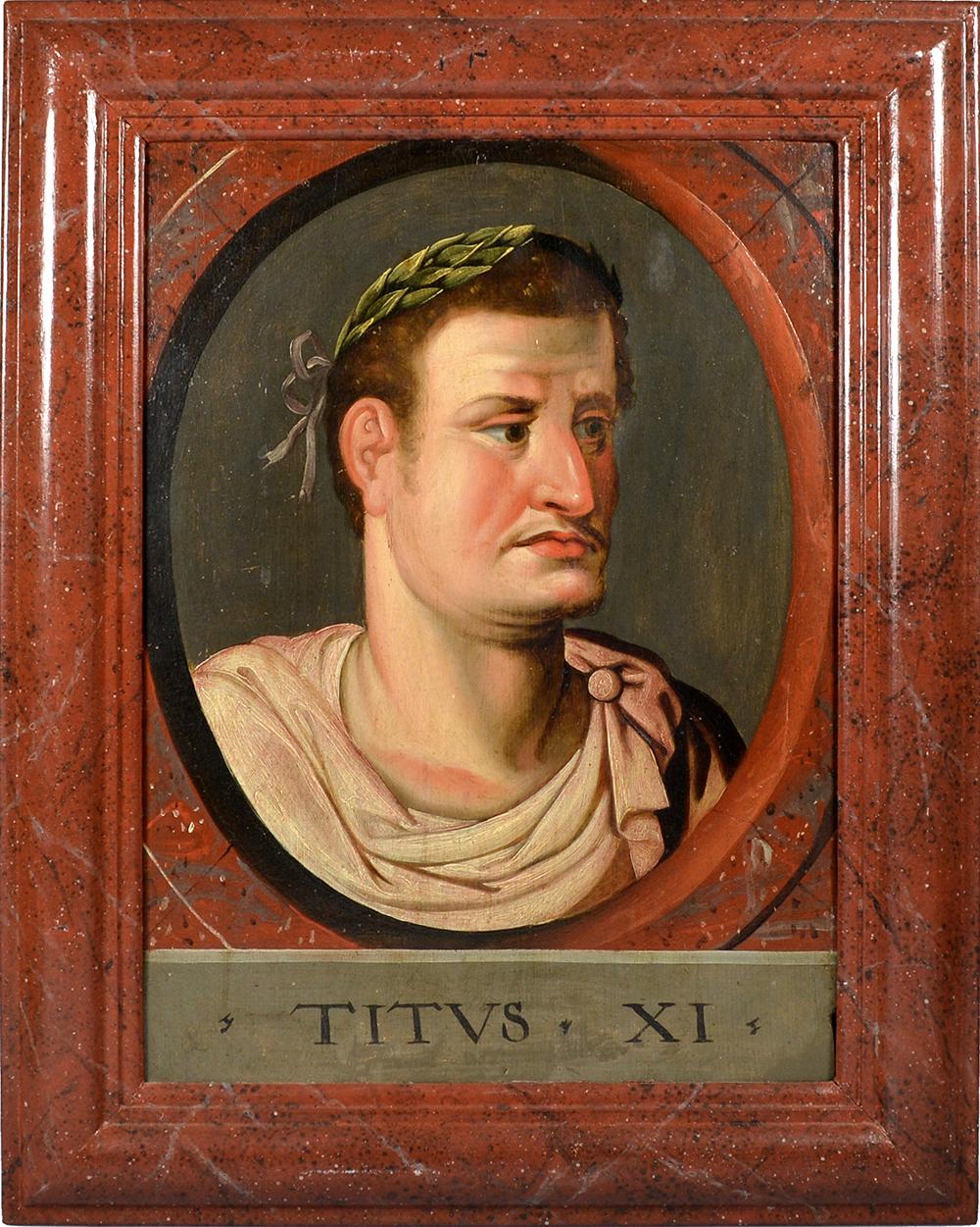 Italian school, after Peter Paul Rubens
 
Two portraits from the range of the ‘Twelve Caesars’. Three-quarter laureate portraits in oval. The name of the emperor below with Roman numeral.
 
Oil paint on wooden panel, in modern frame.
 
Based on the