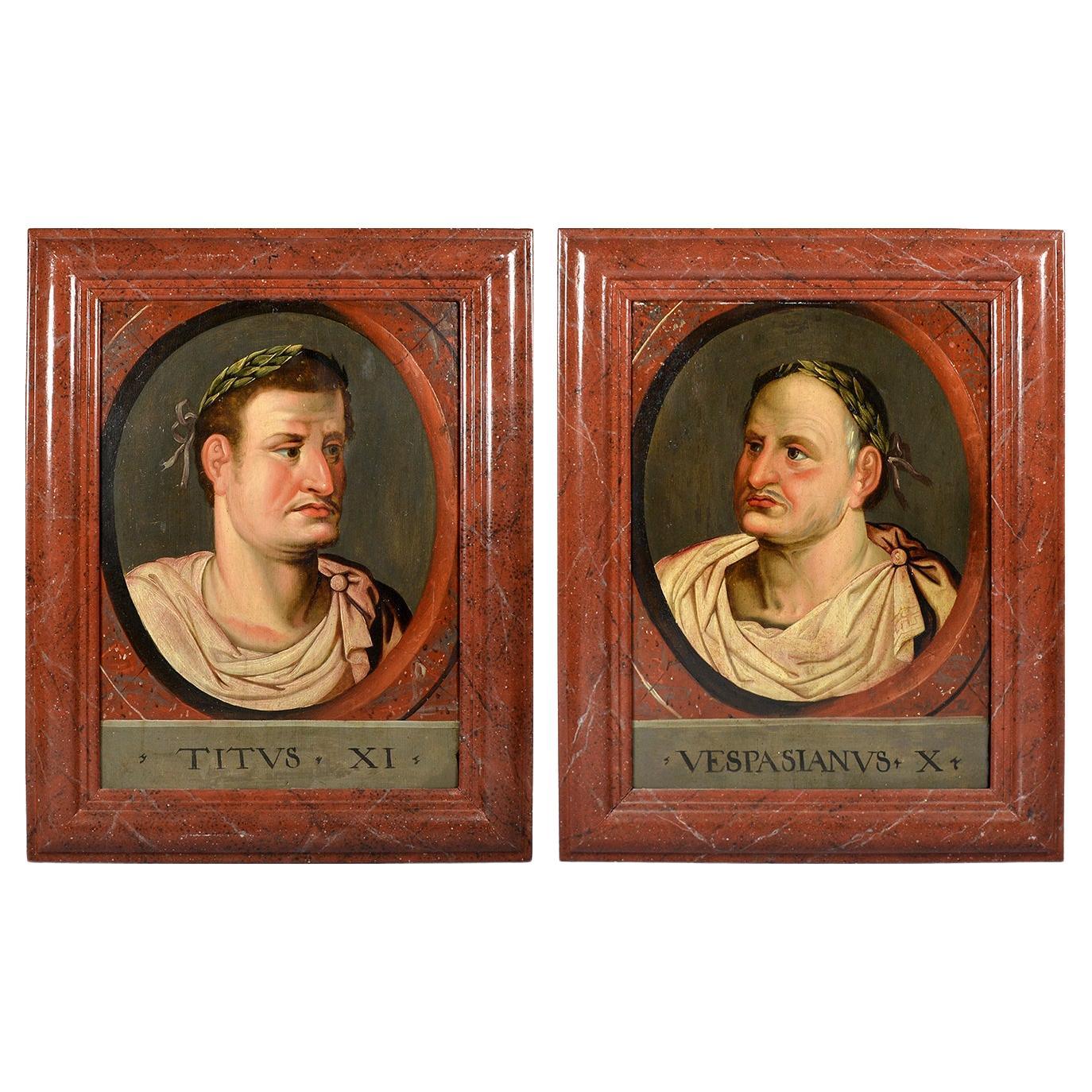 Two Roman ‘Twelve Caesars’ paintings of Vespasian and Titus For Sale