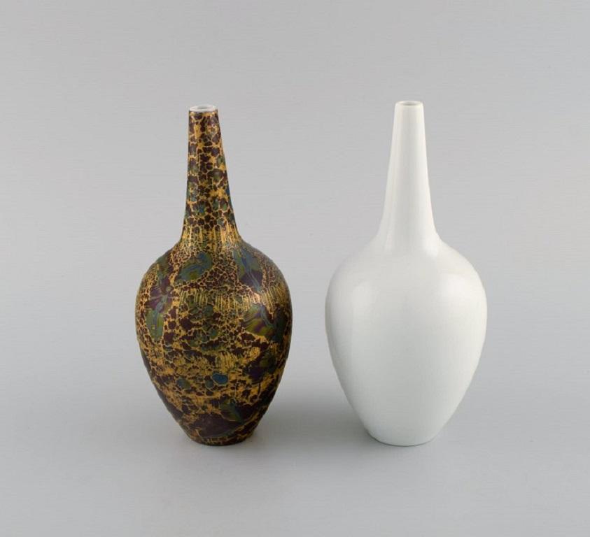 German Two Rosenthal Porcelain Vases, Beautiful Marbled Gold Decoration, 1980s For Sale