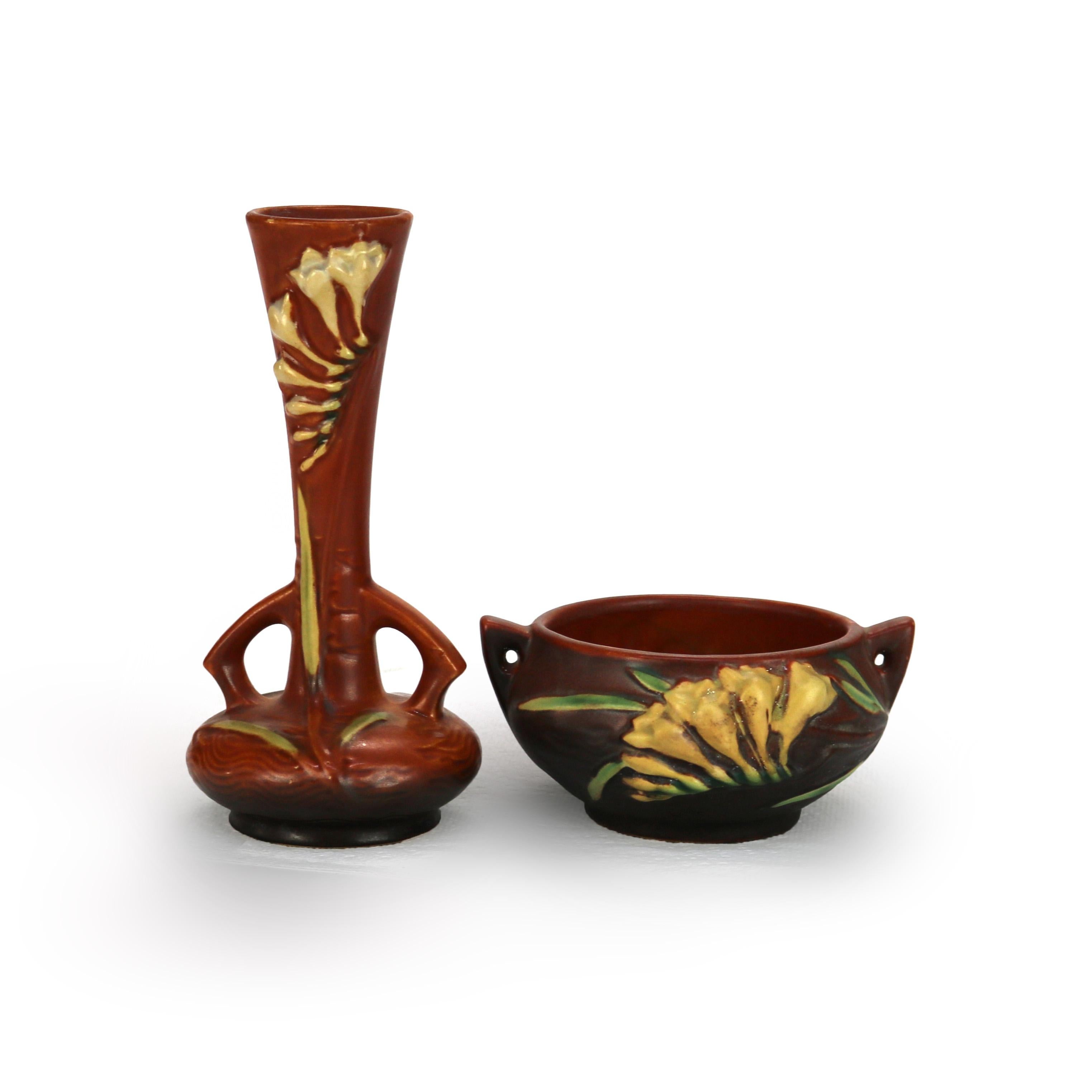 Set of 2 Roseville Art Pottery Brown Vase & Bowl with Freesia Pattern Mid 20thC

Measures- Vase - 7.25