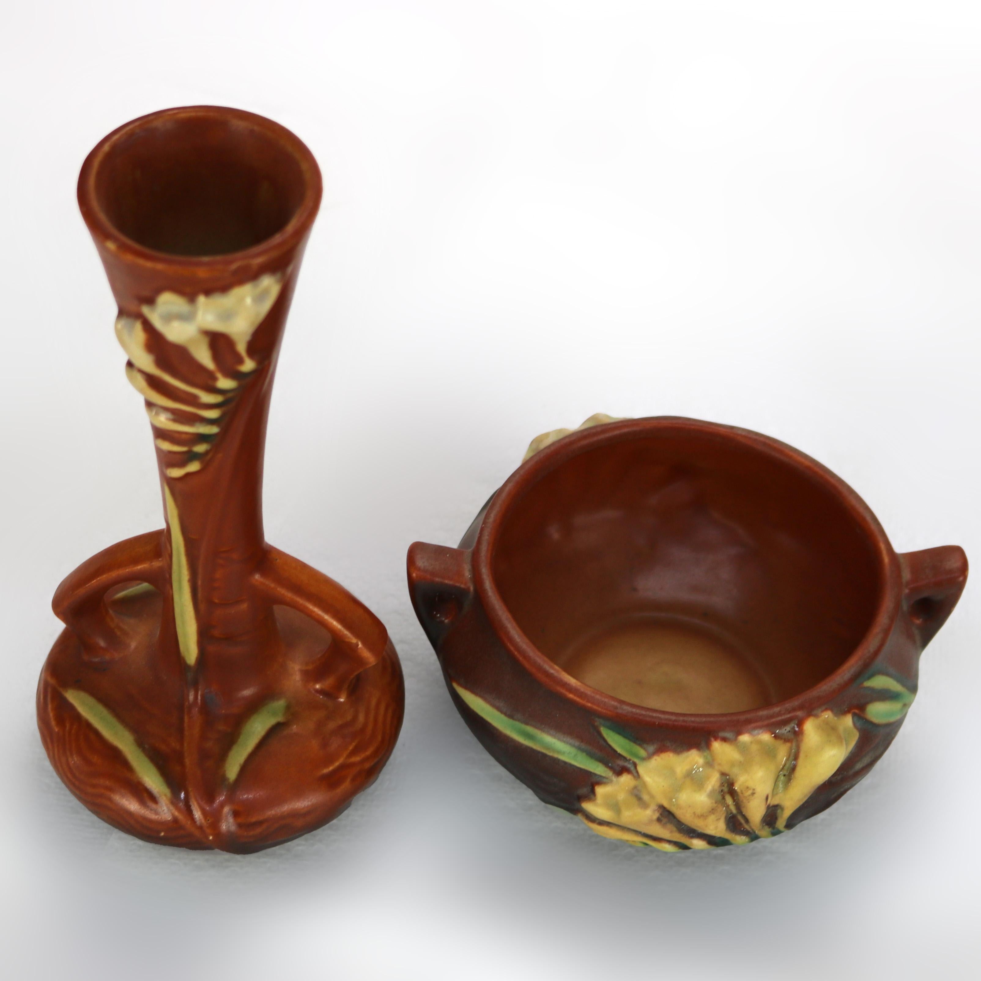 20th Century Two Roseville Art Pottery Brown Vase & Bowl with Freesia Pattern Mid 20thC For Sale