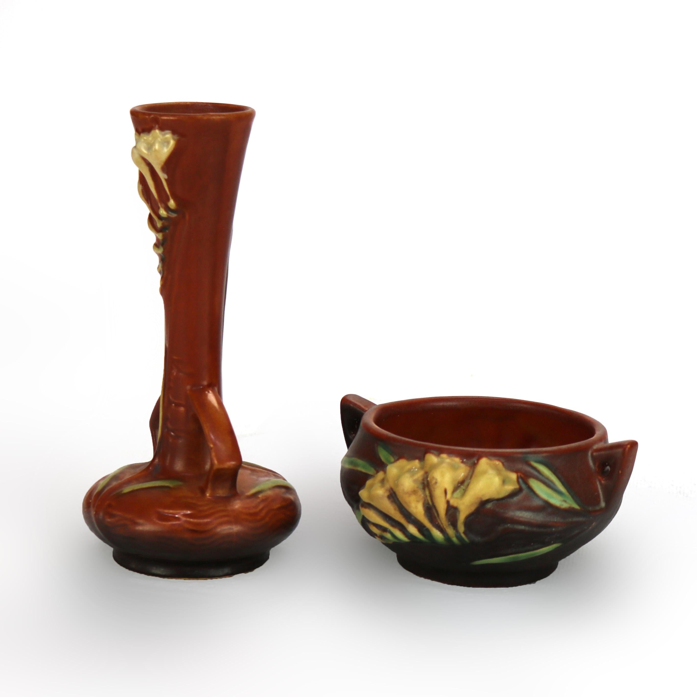 Two Roseville Art Pottery Brown Vase & Bowl with Freesia Pattern Mid 20thC For Sale 1