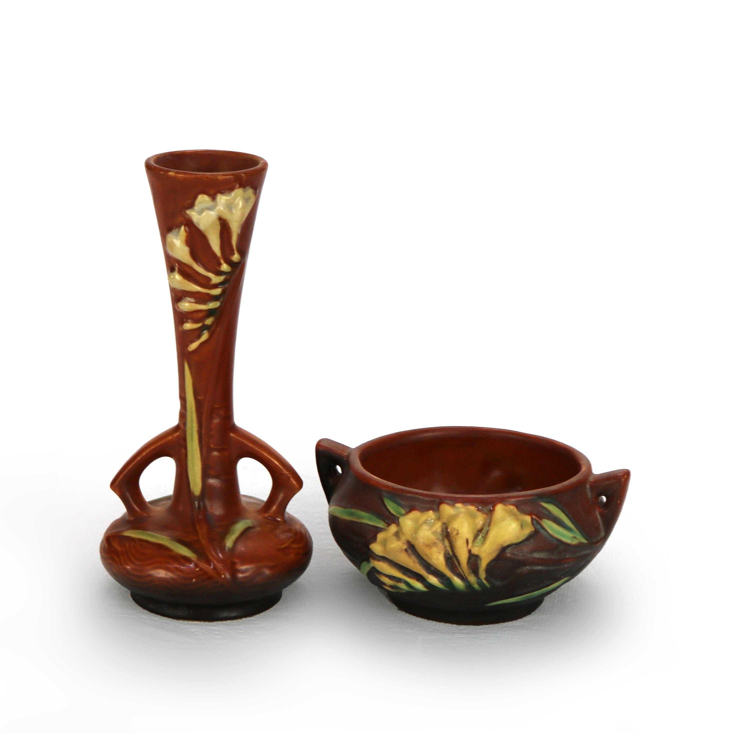 Two Roseville Art Pottery Brown Vase & Bowl with Freesia Pattern Mid 20thC For Sale 3