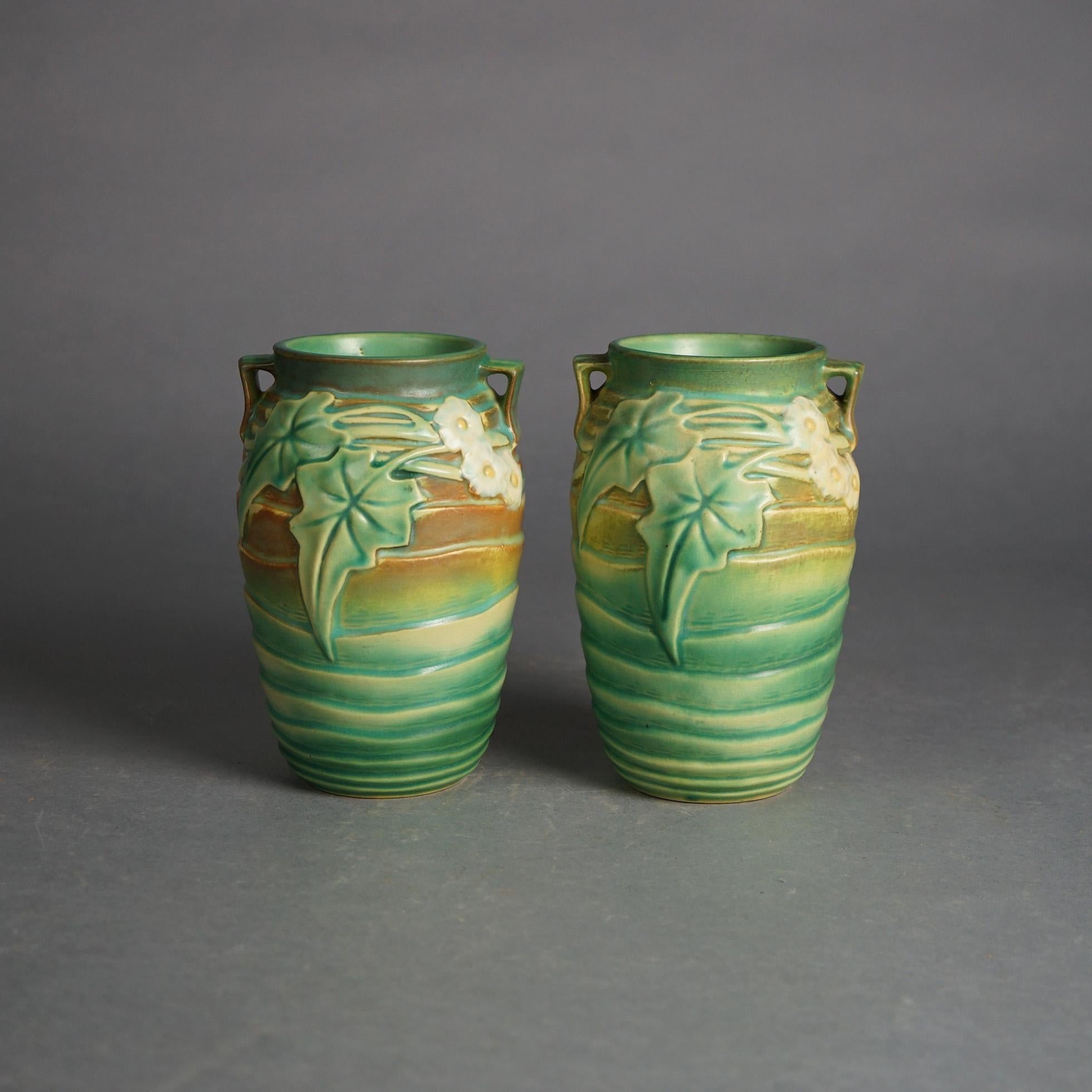 Two Roseville Art Pottery Double Handled Vases in Luffa Pattern C1934

Measures - 7