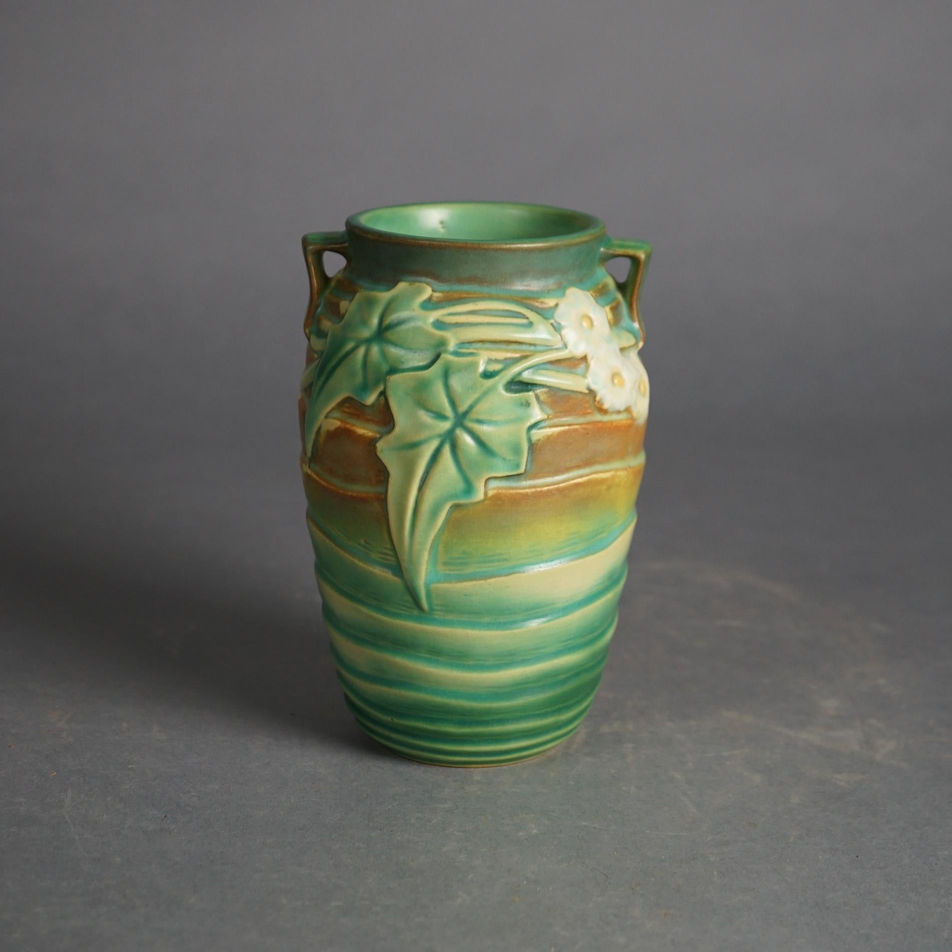 Two Roseville Art Pottery Double Handled Vases in Luffa Pattern C1934 In Good Condition In Big Flats, NY