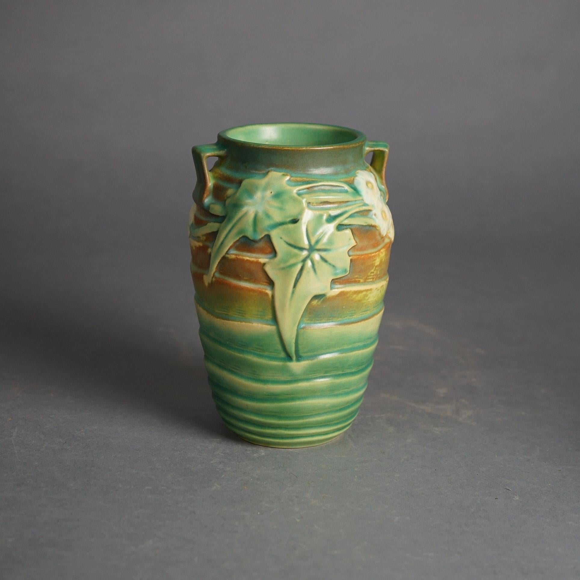Two Roseville Art Pottery Double Handled Vases in Luffa Pattern C1934 1