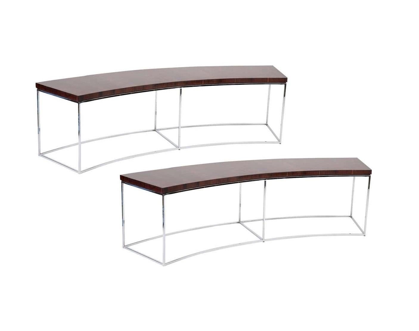 Mid-Century Modern Two Rosewood and Chrome Curved Sofa Tables by Milo Baughman