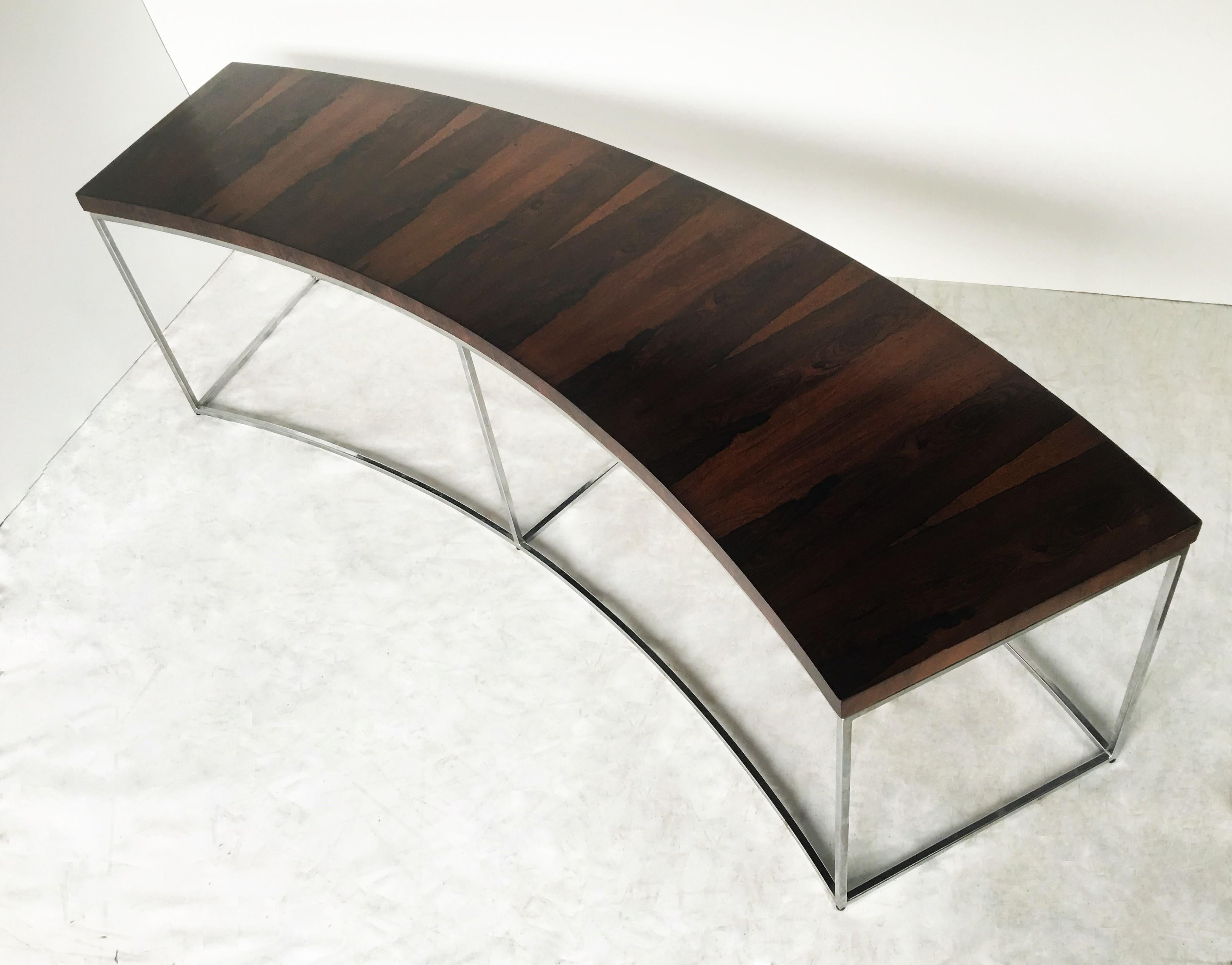 Mid-20th Century Two Rosewood and Chrome Curved Sofa Tables by Milo Baughman