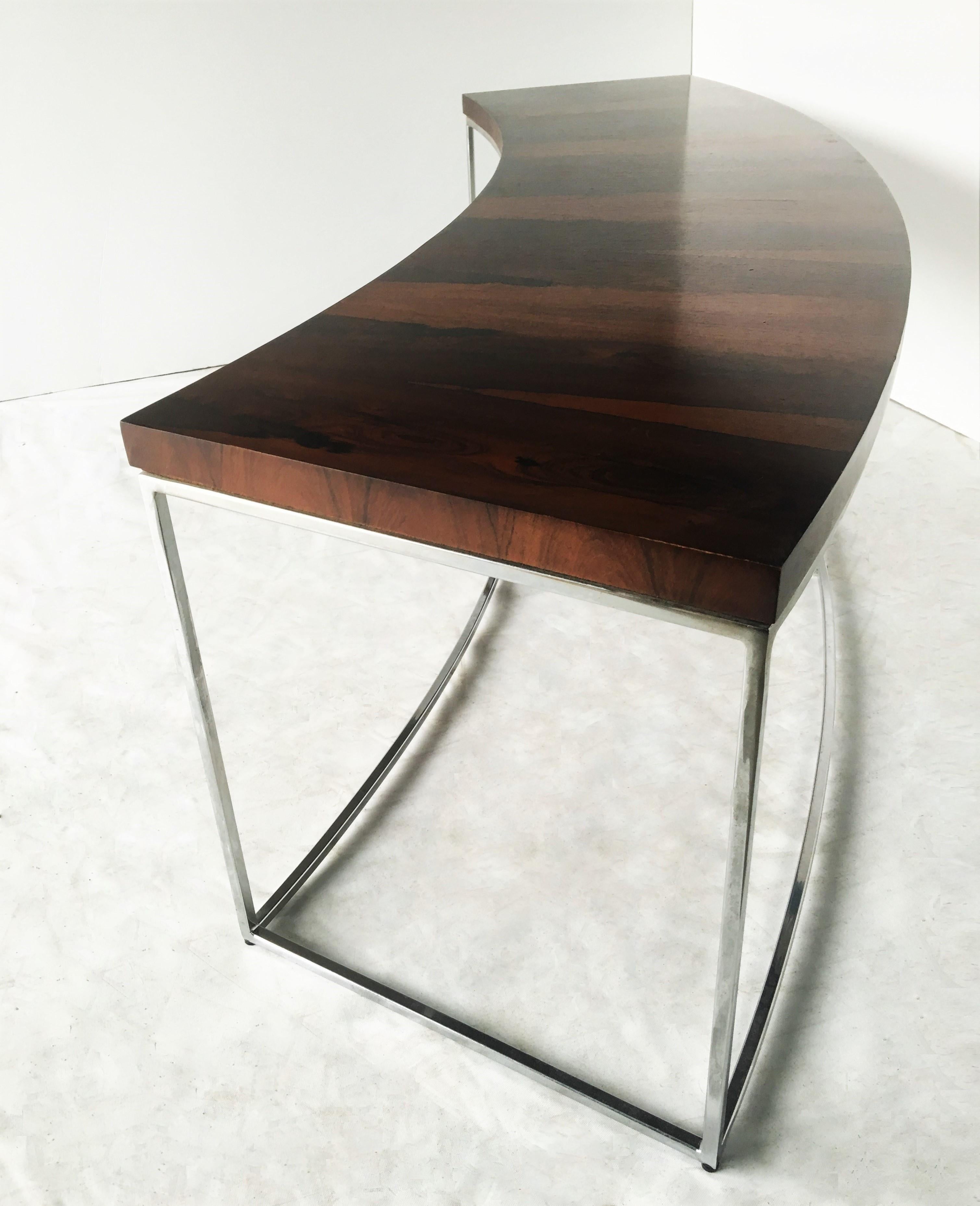 American Two Rosewood and Chrome Curved Sofa Tables by Milo Baughman