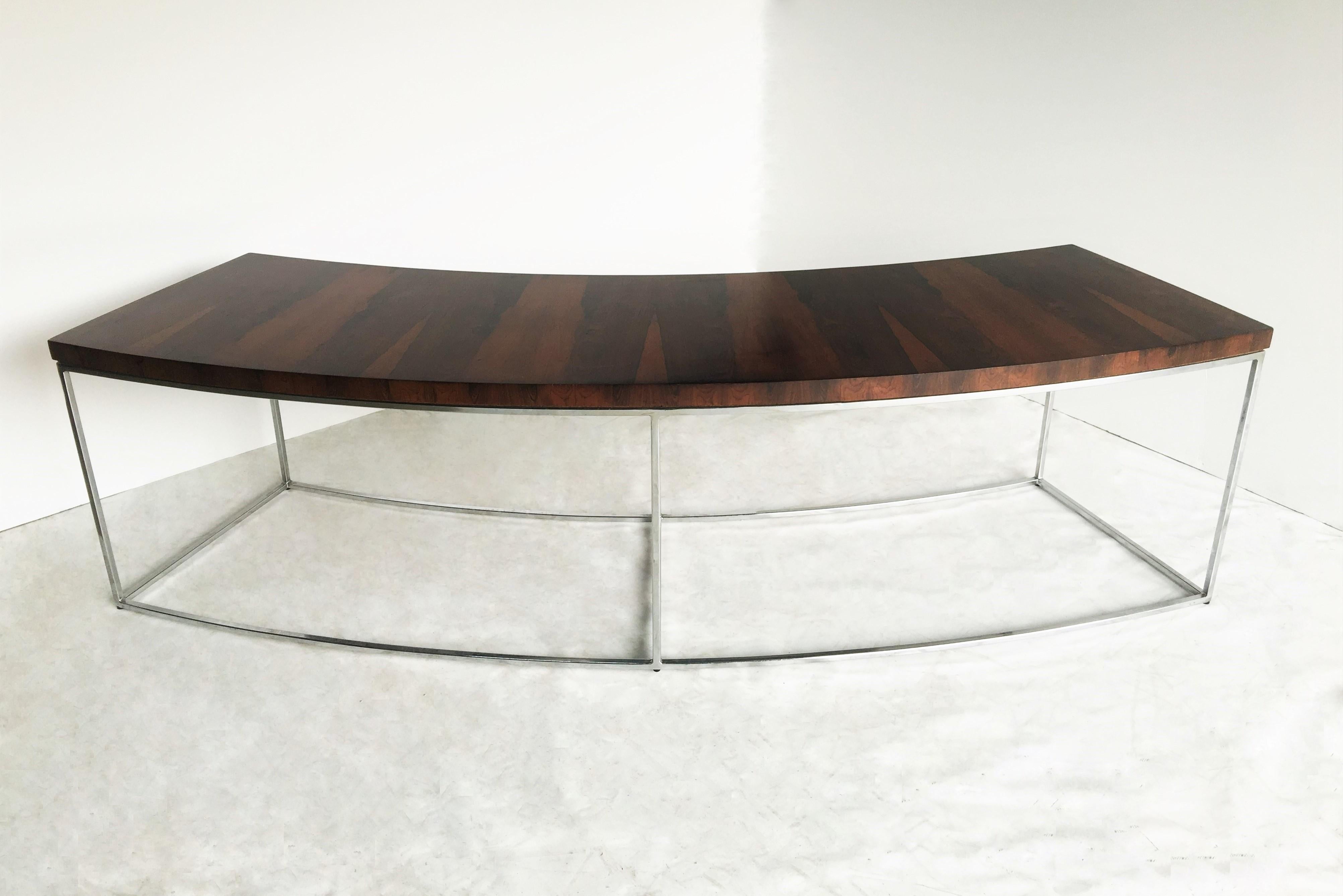 Two Rosewood and Chrome Curved Sofa Tables by Milo Baughman 1