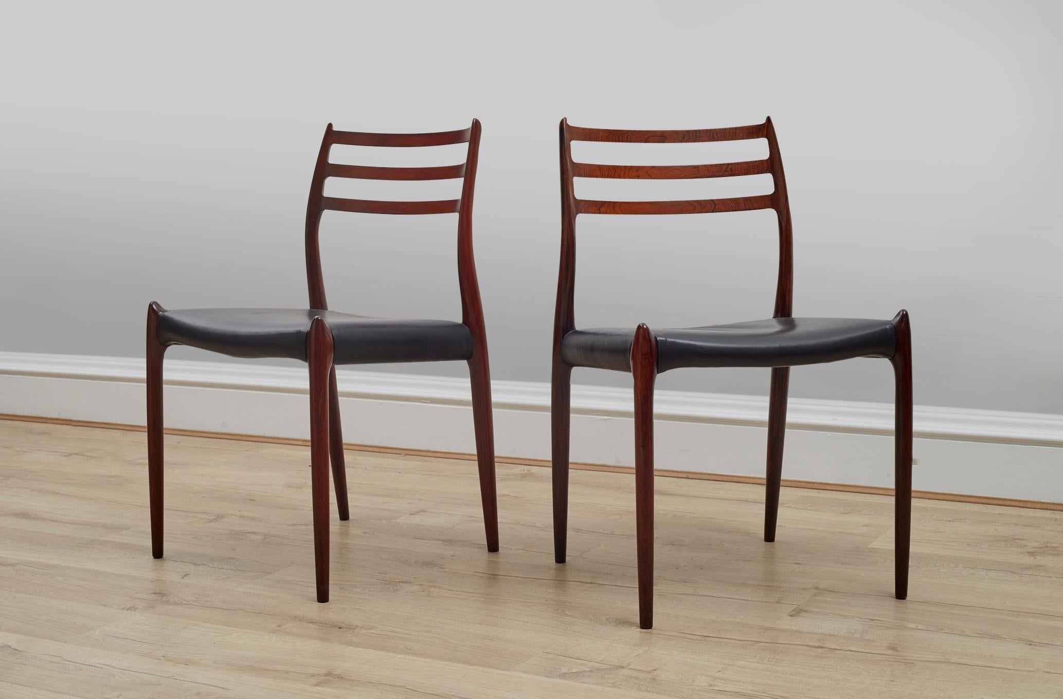 Mid-Century Modern Two Rosewood, Black Leather Niels Otto Møller Chairs, Model 78. c1960 For Sale