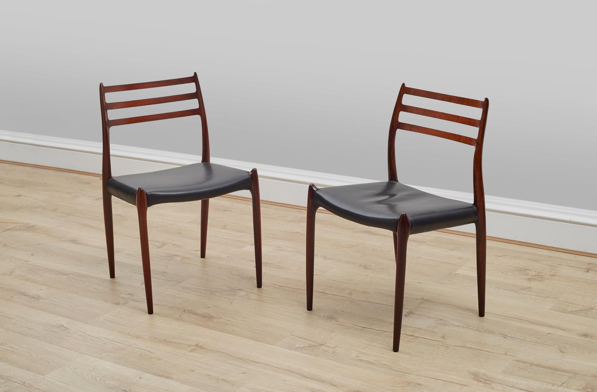Danish Two Rosewood, Black Leather Niels Otto Møller Chairs, Model 78. c1960 For Sale