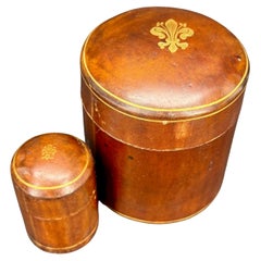 Vintage Two Round Florentine Mid Century Leather Boxes with Fleur-de-Lis Decoration